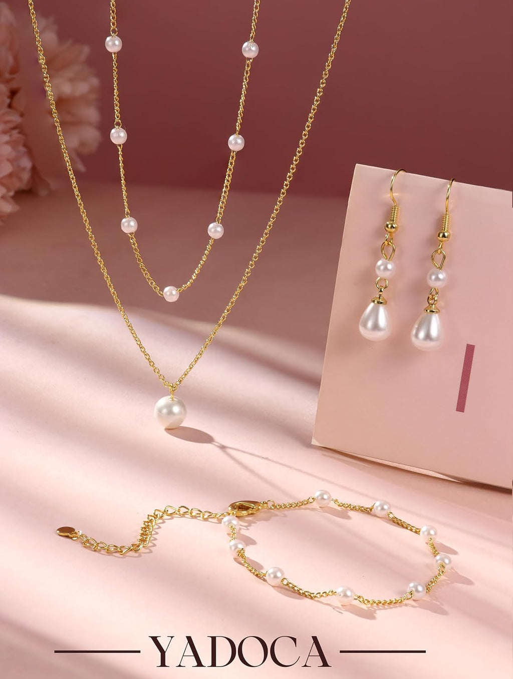 Gold Jewelry Set for Women - 16K Gold Plated Pearl Necklace and Earring Set With Drop Earrings,Charm Layered