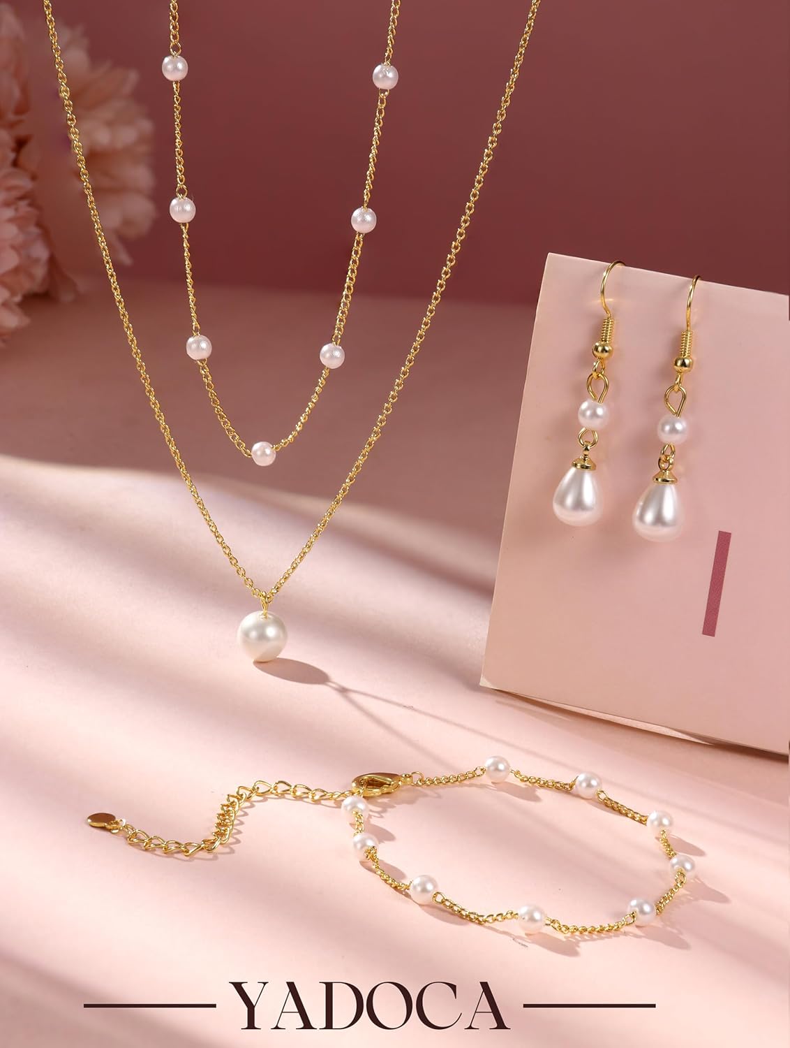 Gold Jewelry Set for Women - 16K Gold Plated Pearl Necklace and Earring Set With Drop Earrings,Charm Layered