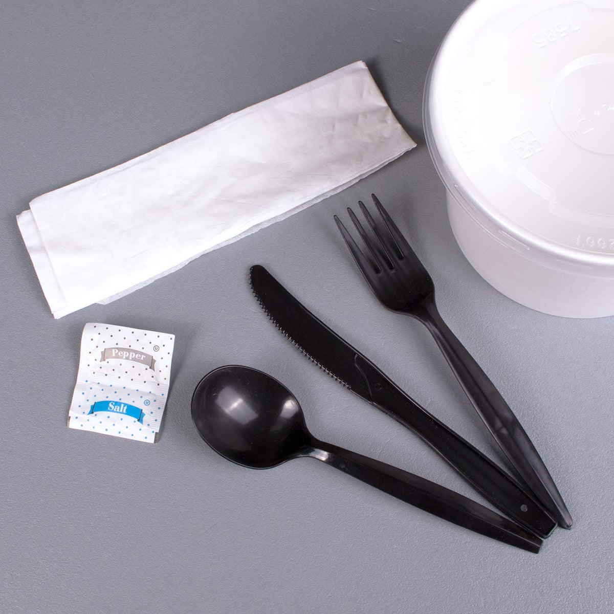 [250 ct] Medium Weight Wrapped Black Plastic Cutlery Pack (Fork/ Knife/ Spoon with Salt & Pepper, Napkin) U2202B