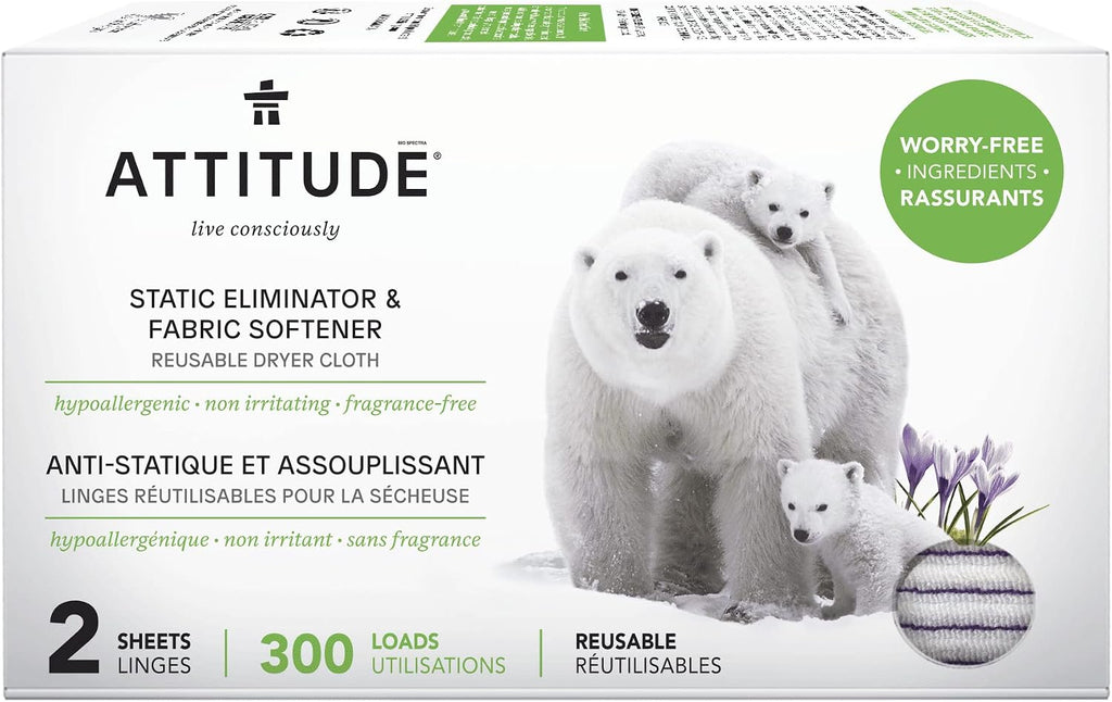ATTITUDE Reusable Dryer Sheets, Static Eliminator & Fabric Softener, Fragrance-Free Laundry, Made in Canada, 300