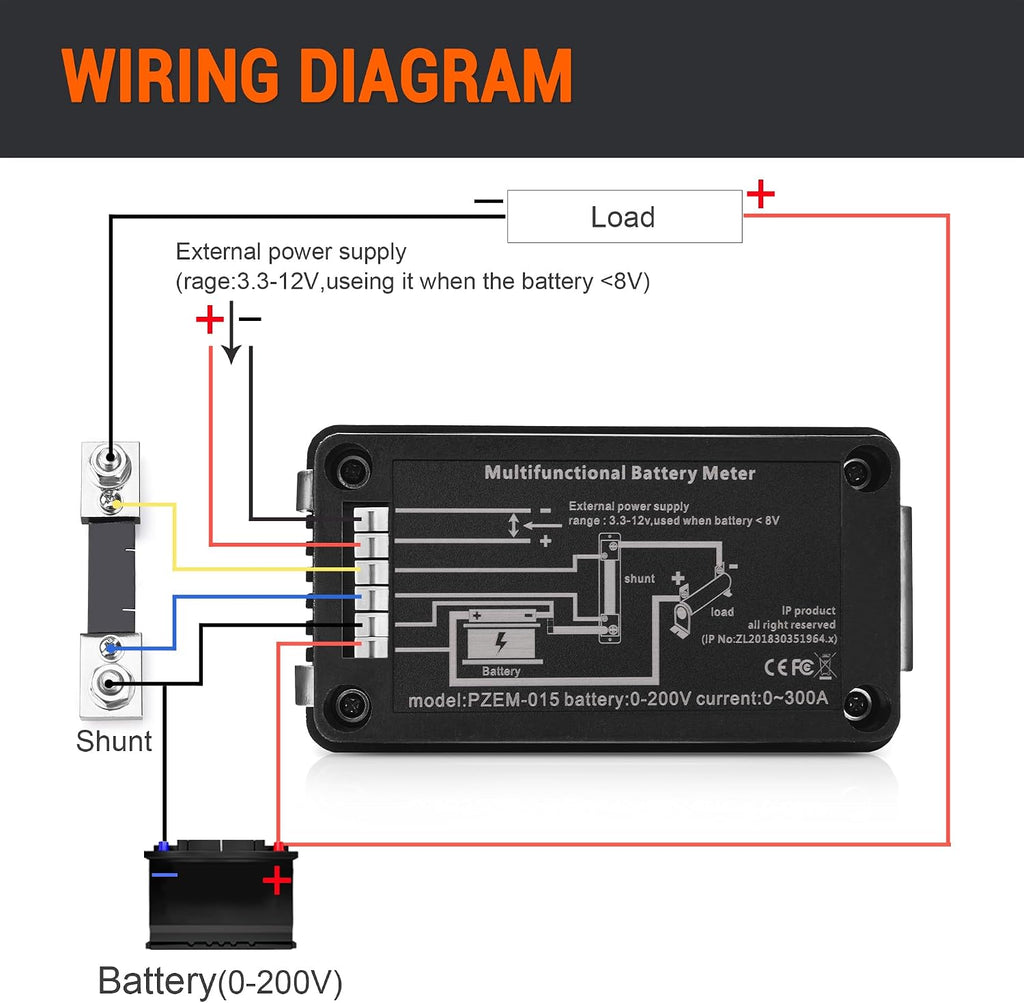 DC Multifunction Battery Monitor Meter, 0-200V 0-100A LCD Display Digital Current Multimeter Voltmeter Ammeter for
