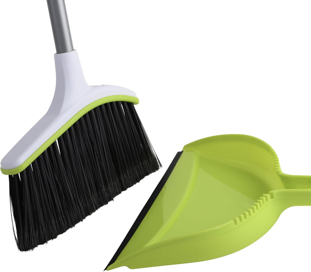 Basics 2-Piece Angled Broom and Dustpan Set, 44" Angled Broom with Long Handle and Dustpan, Silver/Green