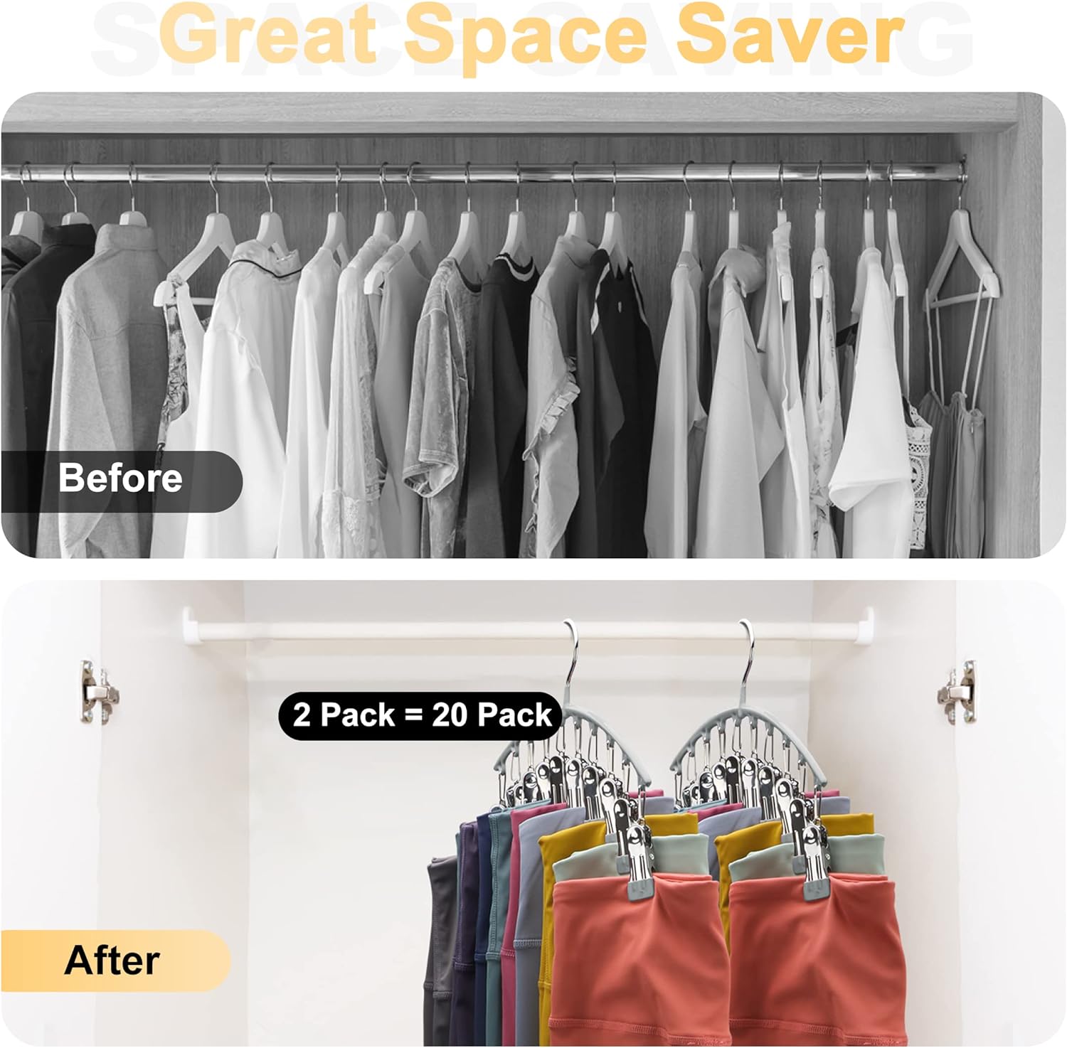 Legging Organizer for Closet, Metal Yoga Pants Hanger w/Rubber Coated 2 Pack w/10 Clips Hold 20 Leggings, Hangers
