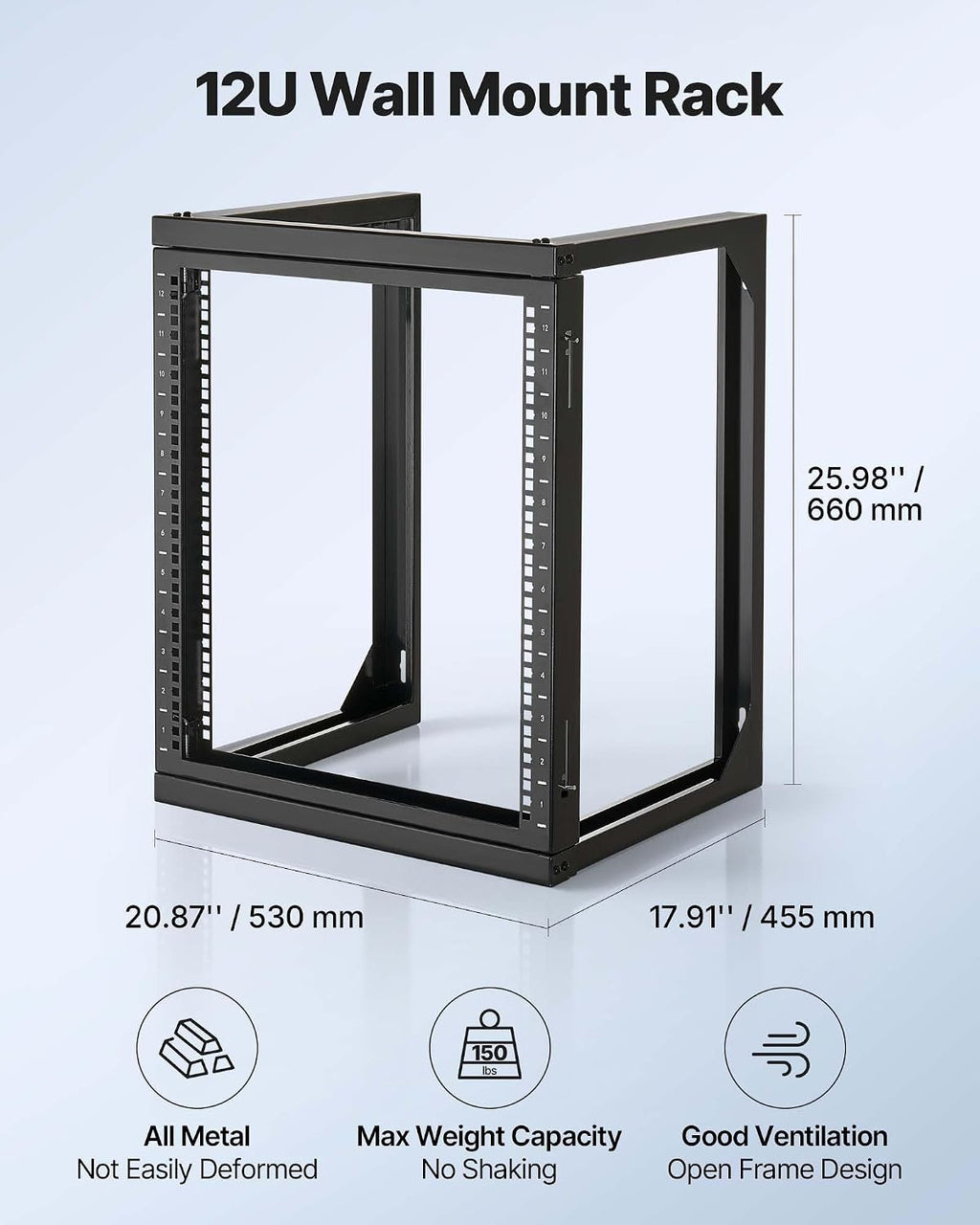 VEVOR 12U Wall Mount Server Rack, 150 lbs Max Load Capacity, Open Frame Network Rack with 180 Degrees Gate Swing, Carbon Steel, for 19-Inch IT Network Equipment & AV Devices Computer Server, Black