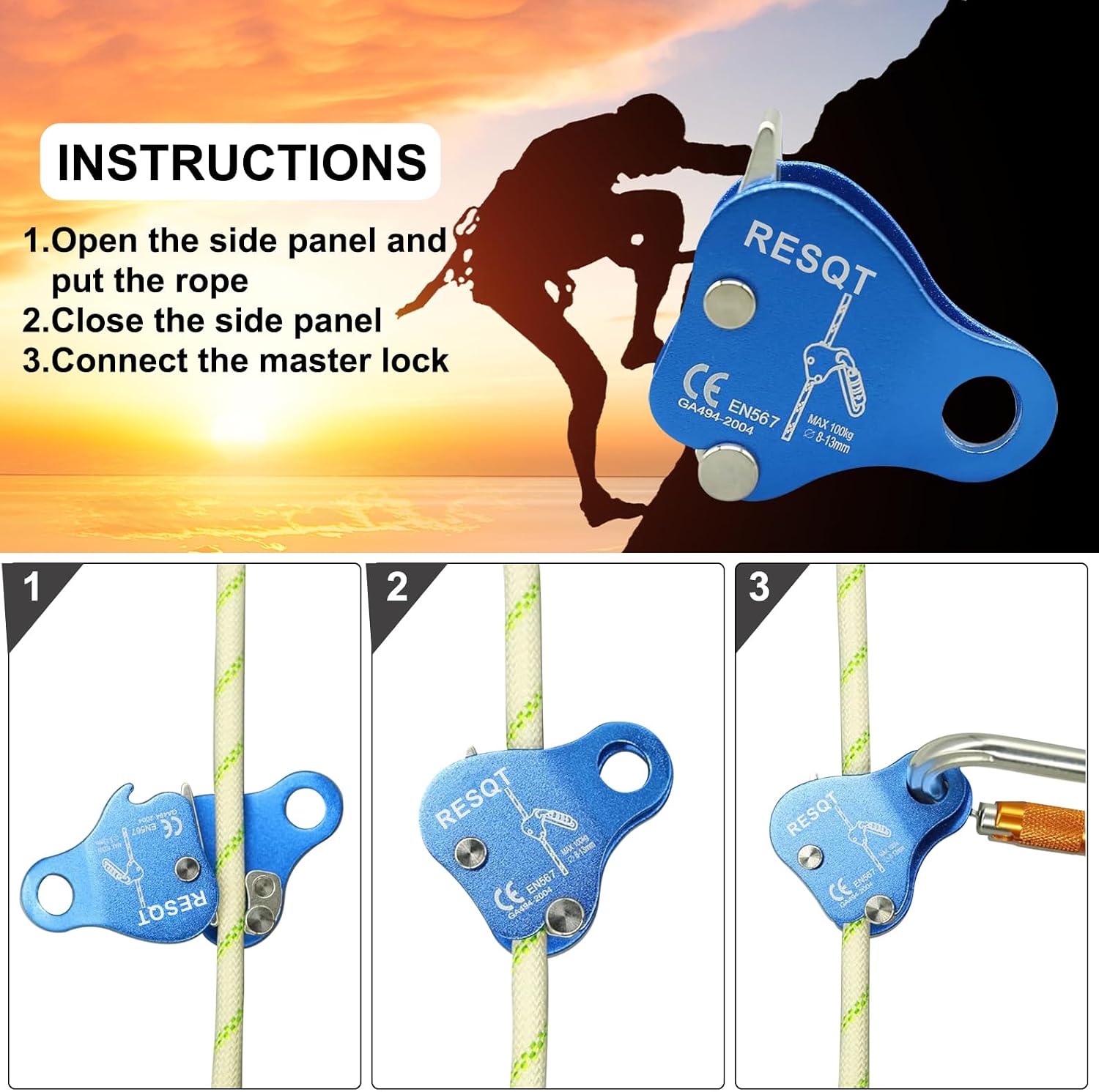 Climbing Fall Protection Belay Device Ascender Protect Aluminum Magnesium Alloy Rope Grab for Rock Climbing