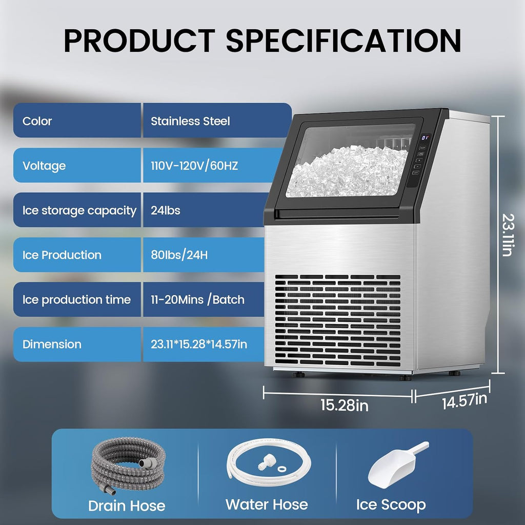 Commercial Ice Maker Machine, 80Lbs/24H Under Counter ice Machine with 24 Hours Timer & LCD Panel, 28lbs Storage