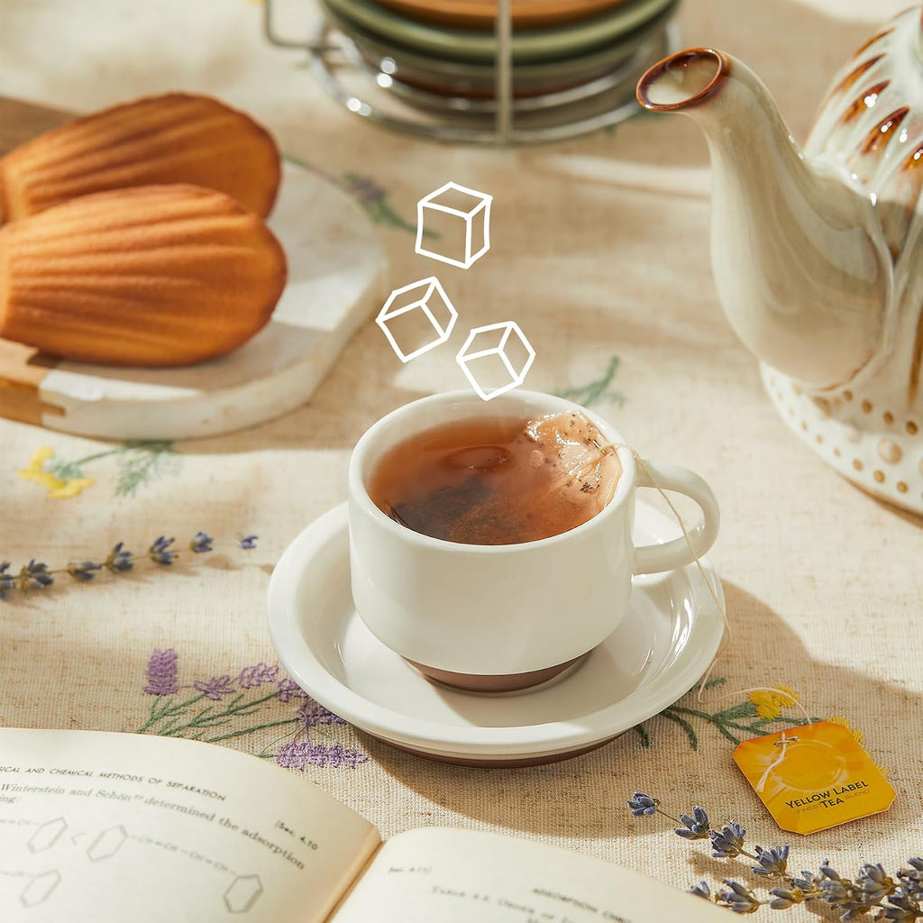 2.5 Ounce Espresso Cups Set of 4, Porcelain Stackable Coffee Cups with Saucers and Metal Stand, Earthy Spectrum
