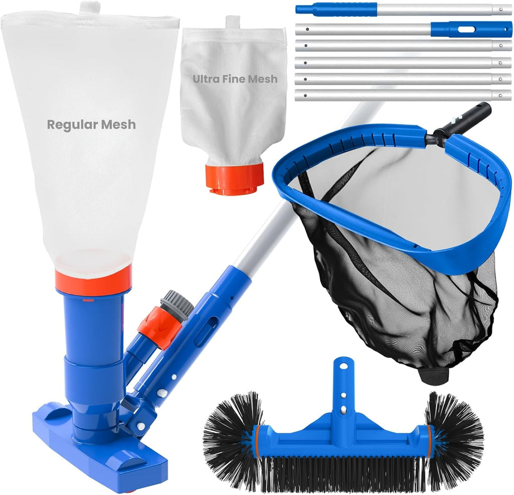 Pool Cleaning Kit with Spa Jet Vacuum Cleaner, 8-Foot Pole, Leaf Rake Net & Round Brush for Inflatable and