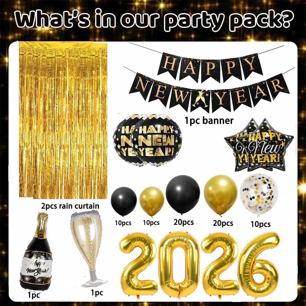 Happy New Year Party Decoration 2026 Foil Balloon Banner and Curtains Disco Balloons Champagne Balloon New Years Eve
