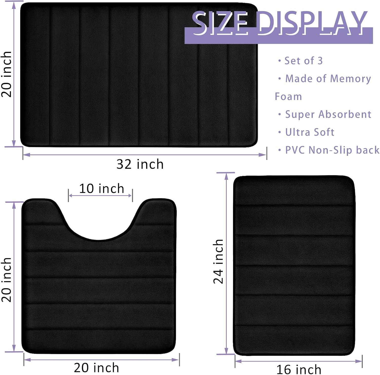 Bathroom Rugs Set Memory Foam Bath Rugs Non-Slip Bath Mat Set 3 Piece,Washable Bathroom Mats,Absorbent Shaggy Rugs