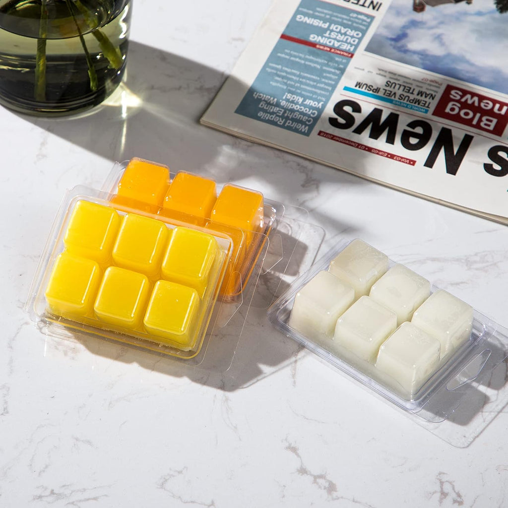 200 Pieces Wax Melt Molds 6 Cavity Plastic Clamshell Containers | Empty PET Cube Tray 4.15x3 Inch for Wax Melt Soap