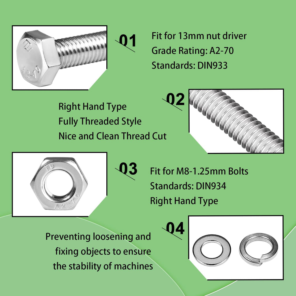 M8 x 16mm Hex Head Screws Bolts, Nuts, Flat & Lock Washers Kits