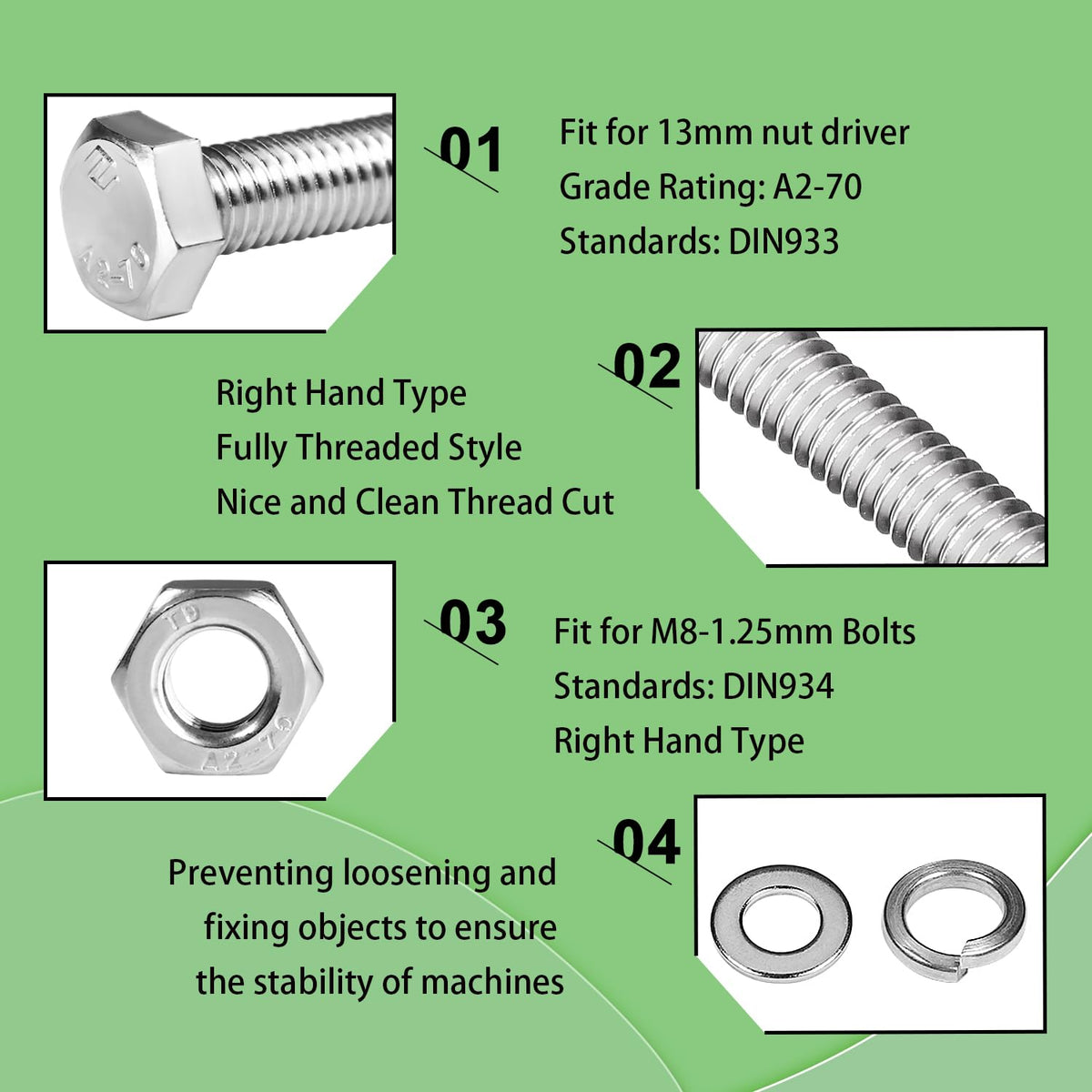 M8 x 16mm Hex Head Screws Bolts, Nuts, Flat & Lock Washers Kits