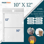 10" X 12" Reclosable Zipper Plastic Poly Bags With Hang Hole 4 Mil LDPE (Pack of 50) Clear Sealable With Resealable
