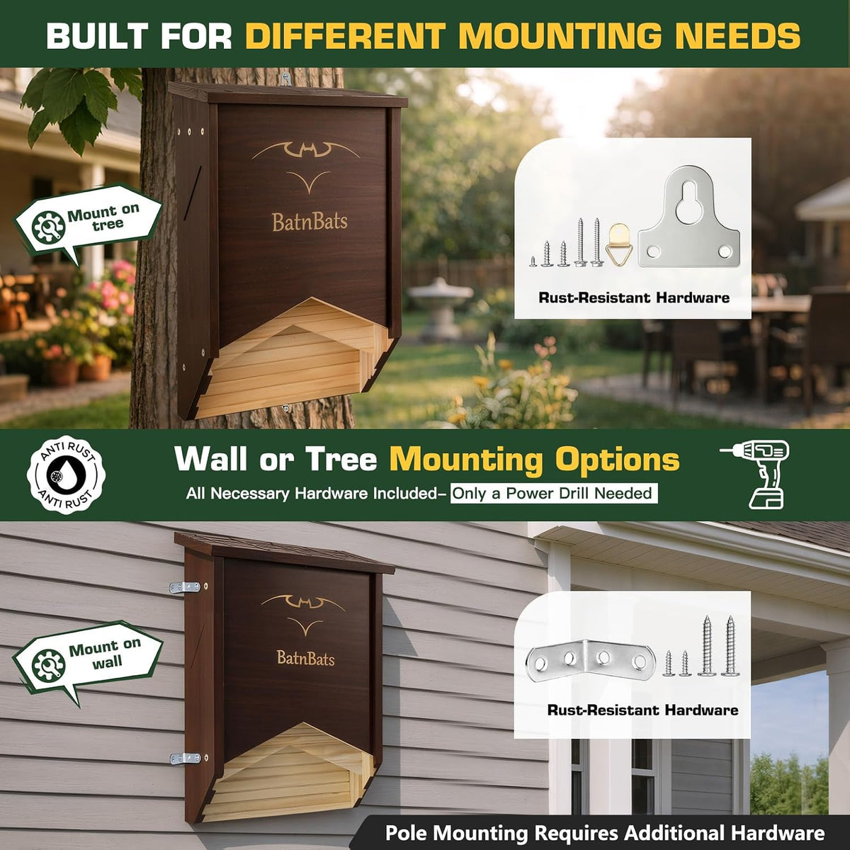 BatnBats Bat House for Outdoors, Bat Box for Outside, 2-Chamber Brown