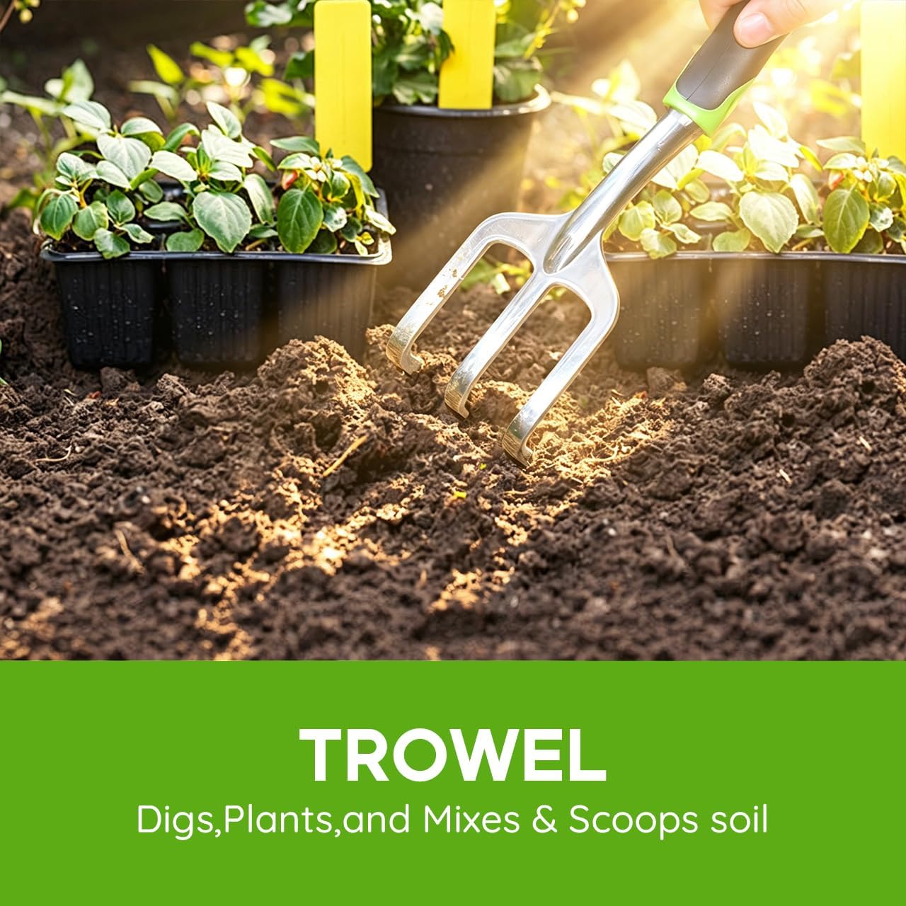 Garden Tool Set, 3 Pack Aluminum Heavy Duty Gardening Kit Includes Hand Trowel, Transplant Trowel and Cultivator Hand