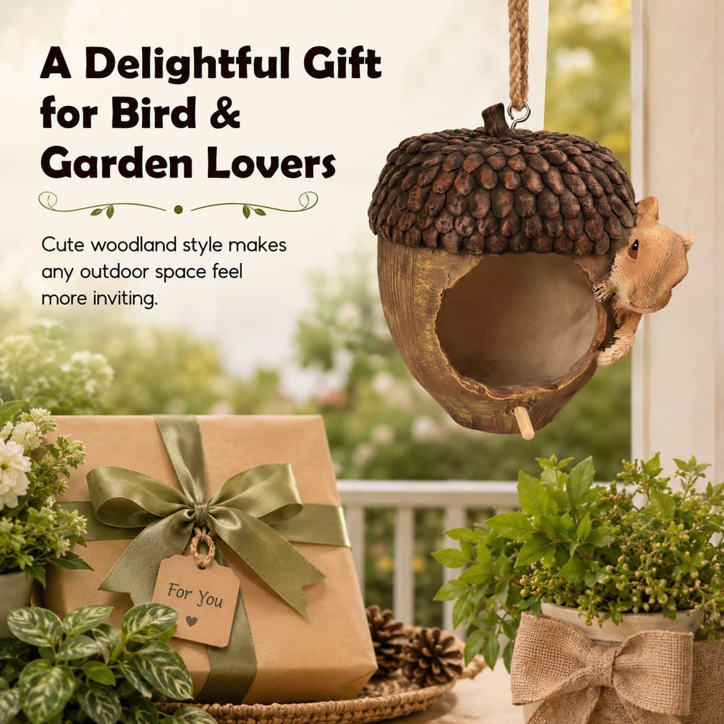 Acorn Bird House for Outside, Hand-Painted Resin Hanging Birdhouse with Squirrel, Weather-Resistant Decorative Bird