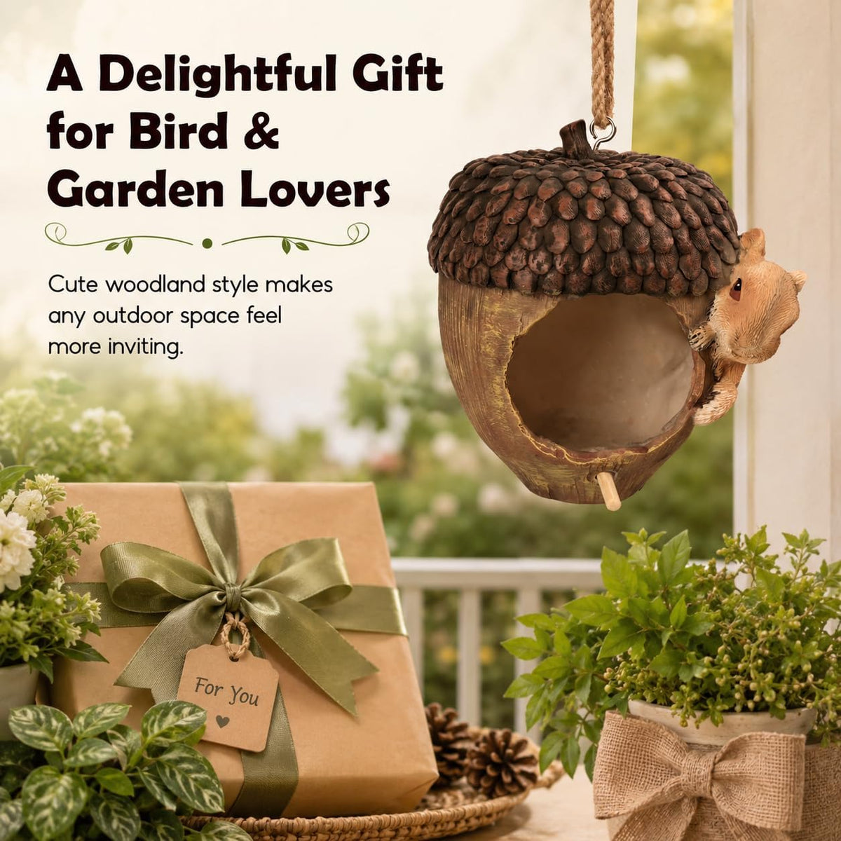 Acorn Bird House for Outside, Hand-Painted Resin Hanging Birdhouse with Squirrel, Weather-Resistant Decorative Bird