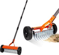 Manual Lawn Dethatcher Rake with Wheels, Adjustable Handle | 15.8-Inch Rake Head, 76.8-Inch Adjustable Handle And
