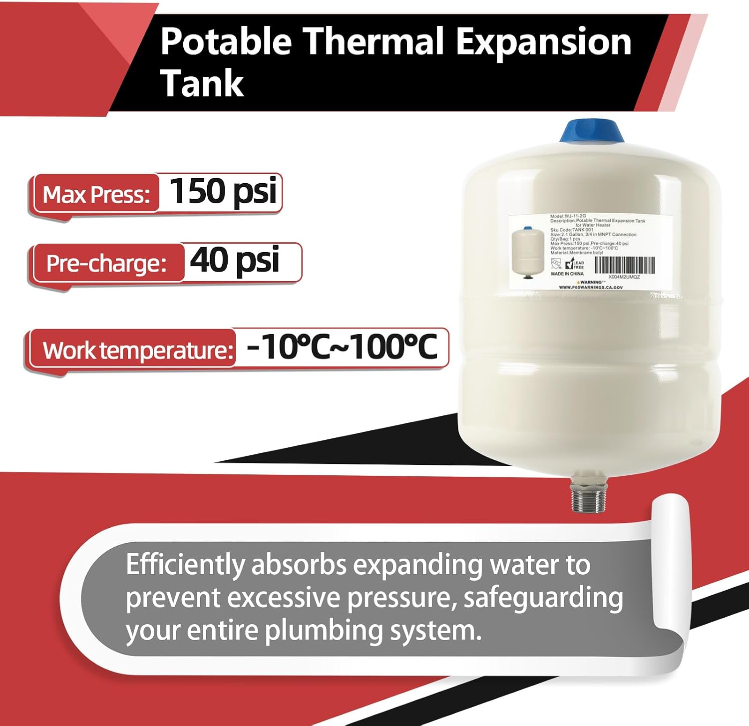 1PC EFIELD Water Heater Expansion Tank, 2.1 Gallon, 3/4 in MNPT Connection | Thermal Pressure Protection, Safe for