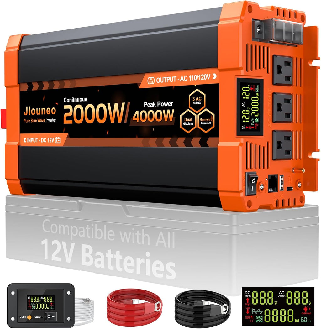 2000W Pure Sine Wave Inverter, 12V DC to 120V AC Power Inverter, 4000W Peak for RV, Truck, Solar, Camping, Home