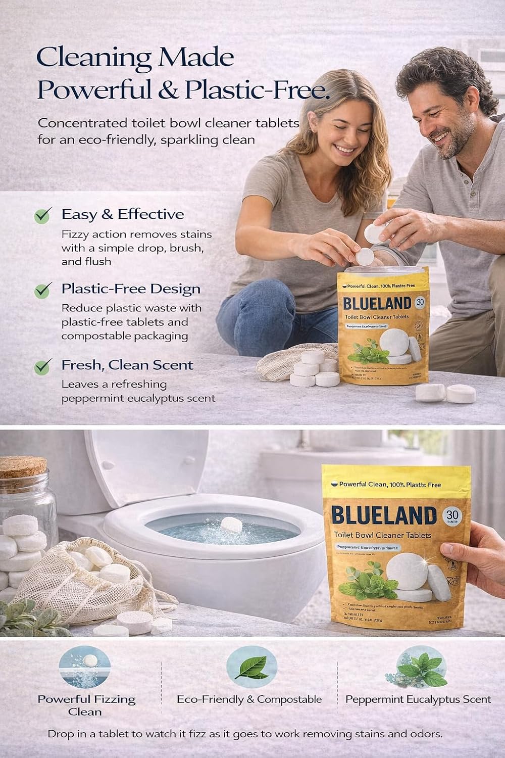 Toilet Bowl Cleaner Tablets. Peppermint Eucalyptus Scent. 30 Tablets.