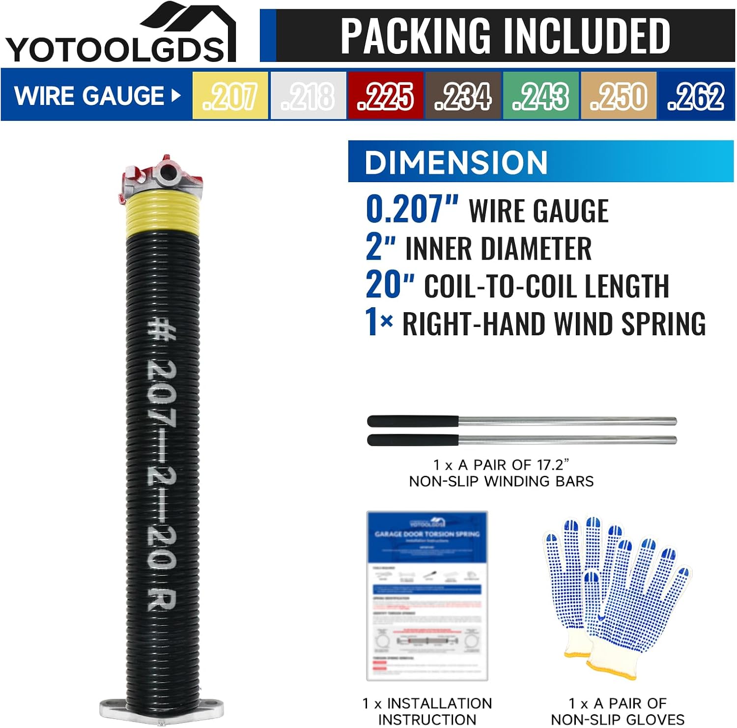 Right Hand Wind（Red Cone）2" Garage Door Torsion Spring with Non-Slip Winding Bars & Gloves, High Precision