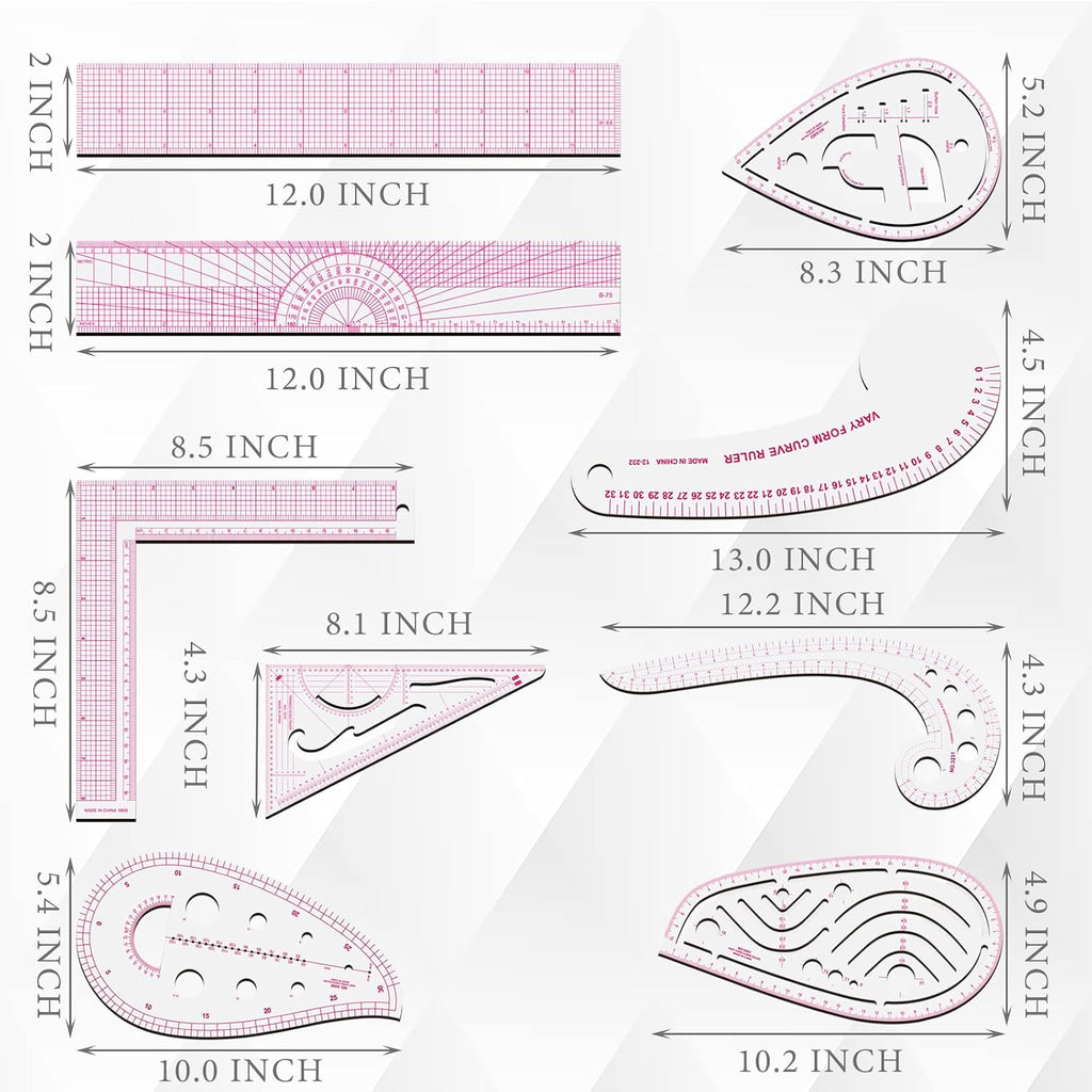 Sewing Rulers Set, 9 Styles Plastic Sew French Curve Ruler, Metric Sewing Measuring Tools for Designers and Tailors