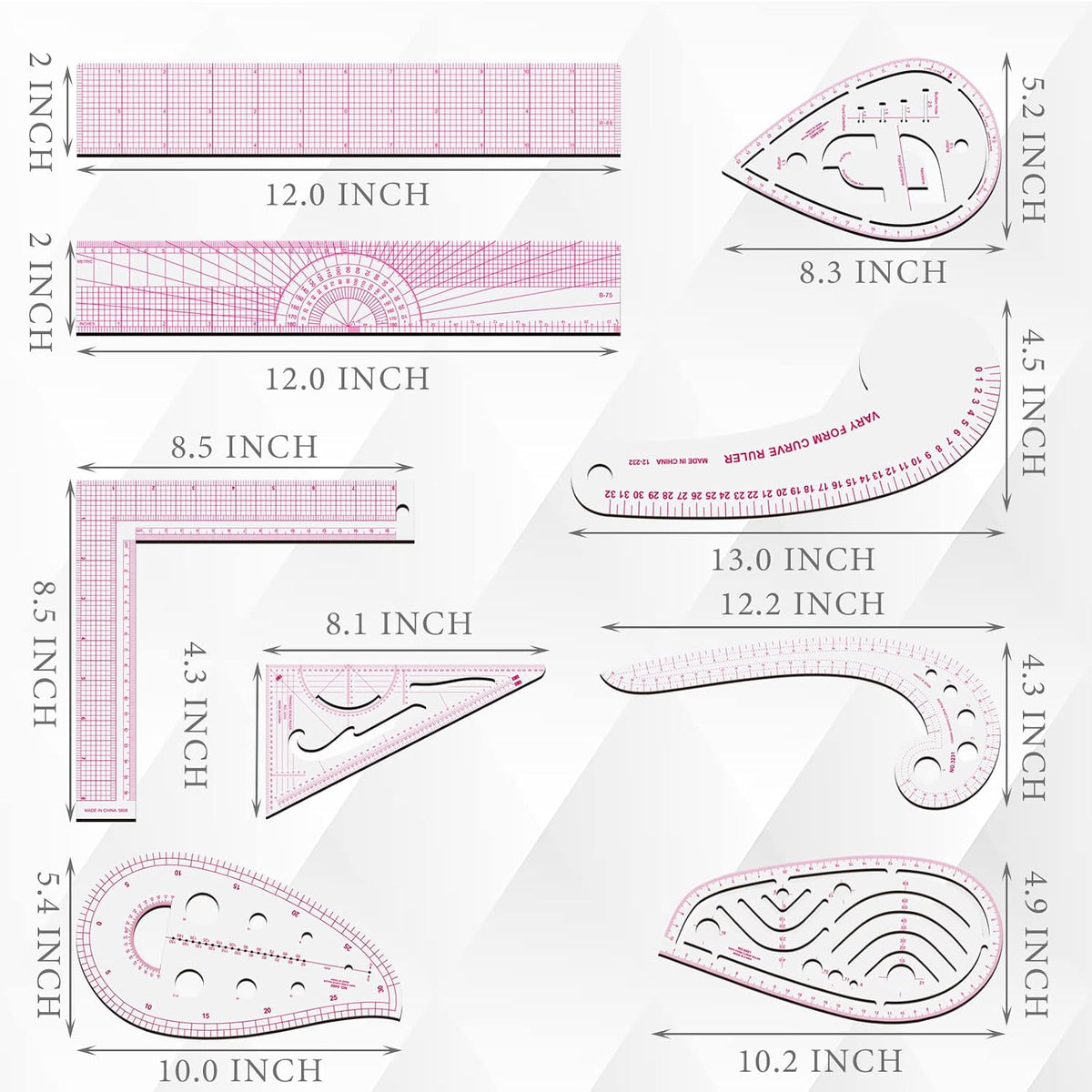 Sewing Rulers Set, 9 Styles Plastic Sew French Curve Ruler, Metric Sewing Measuring Tools for Designers and Tailors