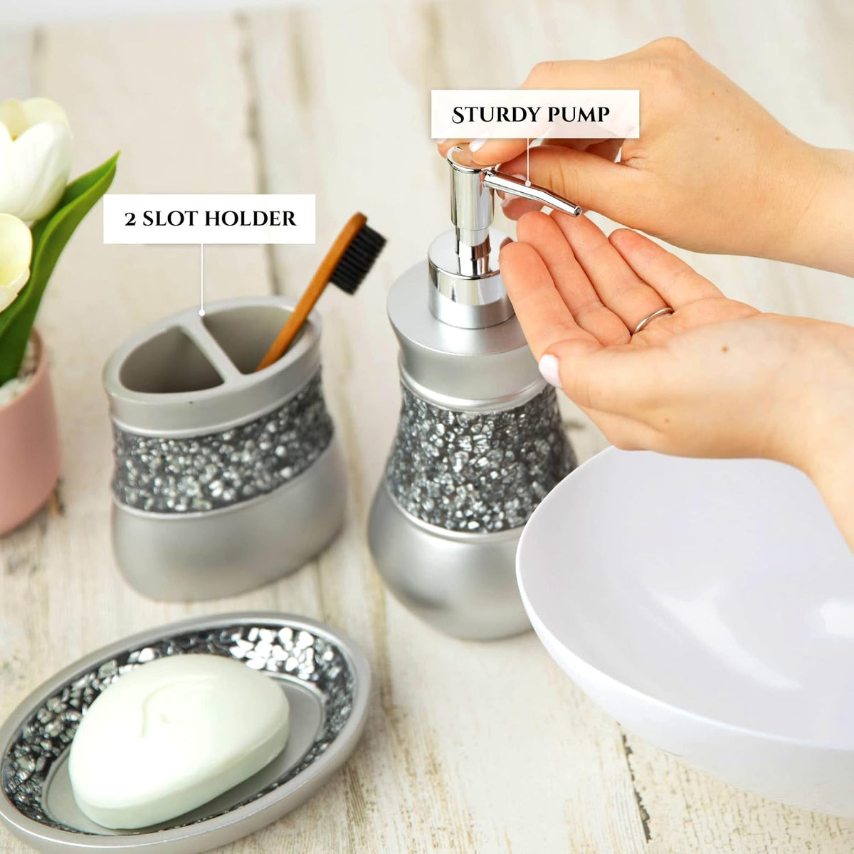 4 Pc. Resin Bathroom Accessory Set | Silver Crackled Glass | Includes Soap Dispenser, Toothbrush Holder, Tumbler Cup