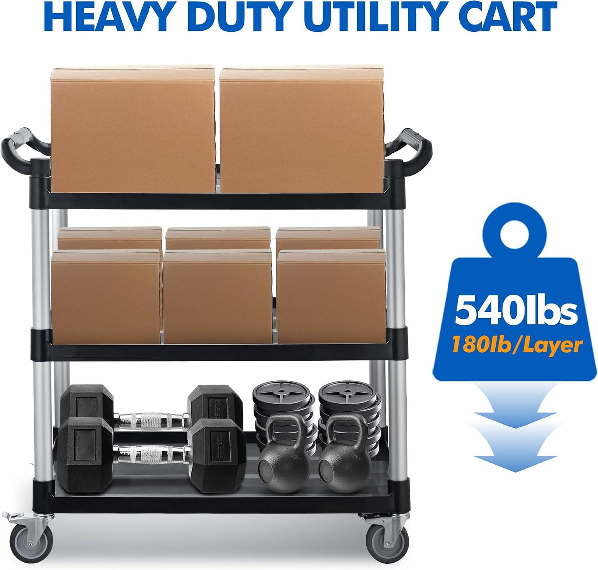 Utility Rolling Carts with Wheels, Large Plastic Service Carts, Heavy Duty Restaurant Cart with 4 Brake Lockable