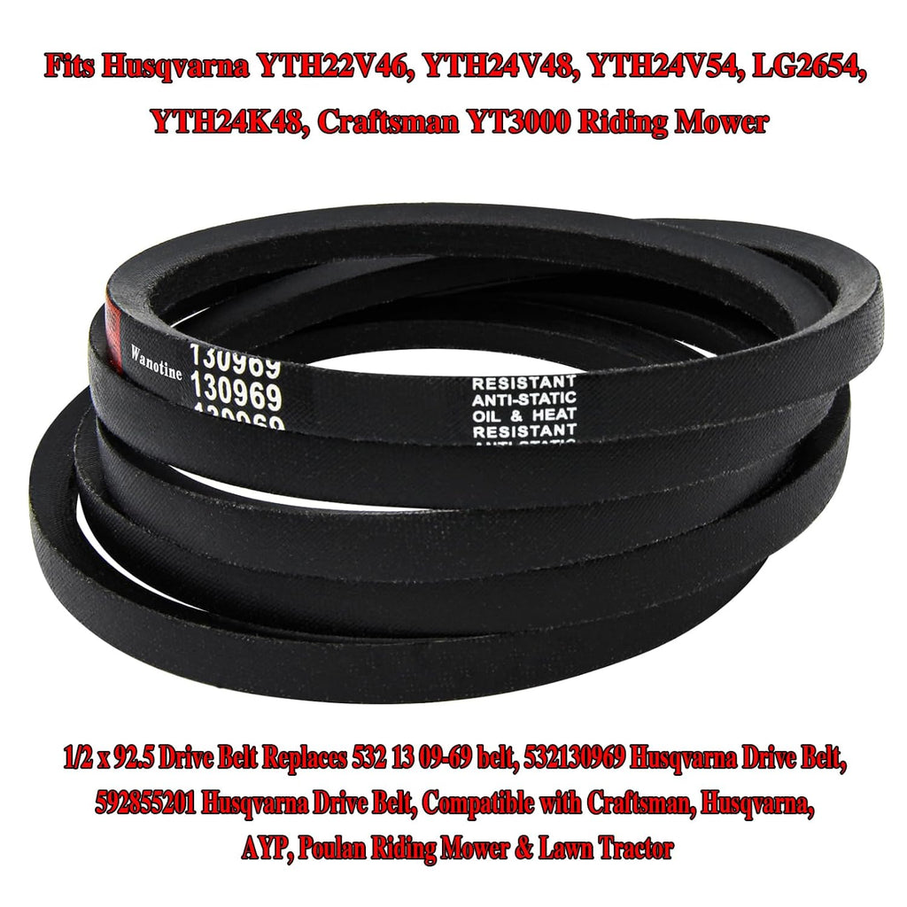532130969 592855201 Drive Belt Replaces 130969 Craftsman Drive Belt, Fits Husqvarna YTH22V46, YTH24V48, YTH24V54, LG2654, YTH24K48, Craftsman YT3000 Riding Mower (1/2” x 92.5”)