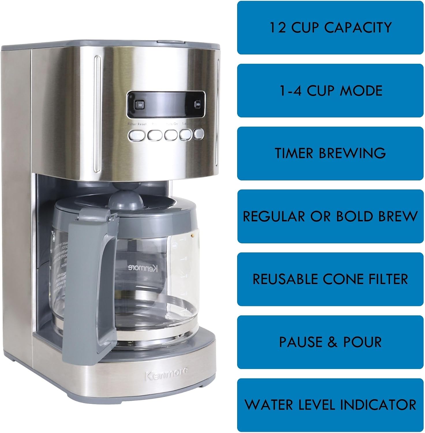 Kenmore Drip Coffee Maker - 12 Cup Programmable Cafe Machine With Glass Pot, Regular & Bold Brew, Auto Shut Off Large