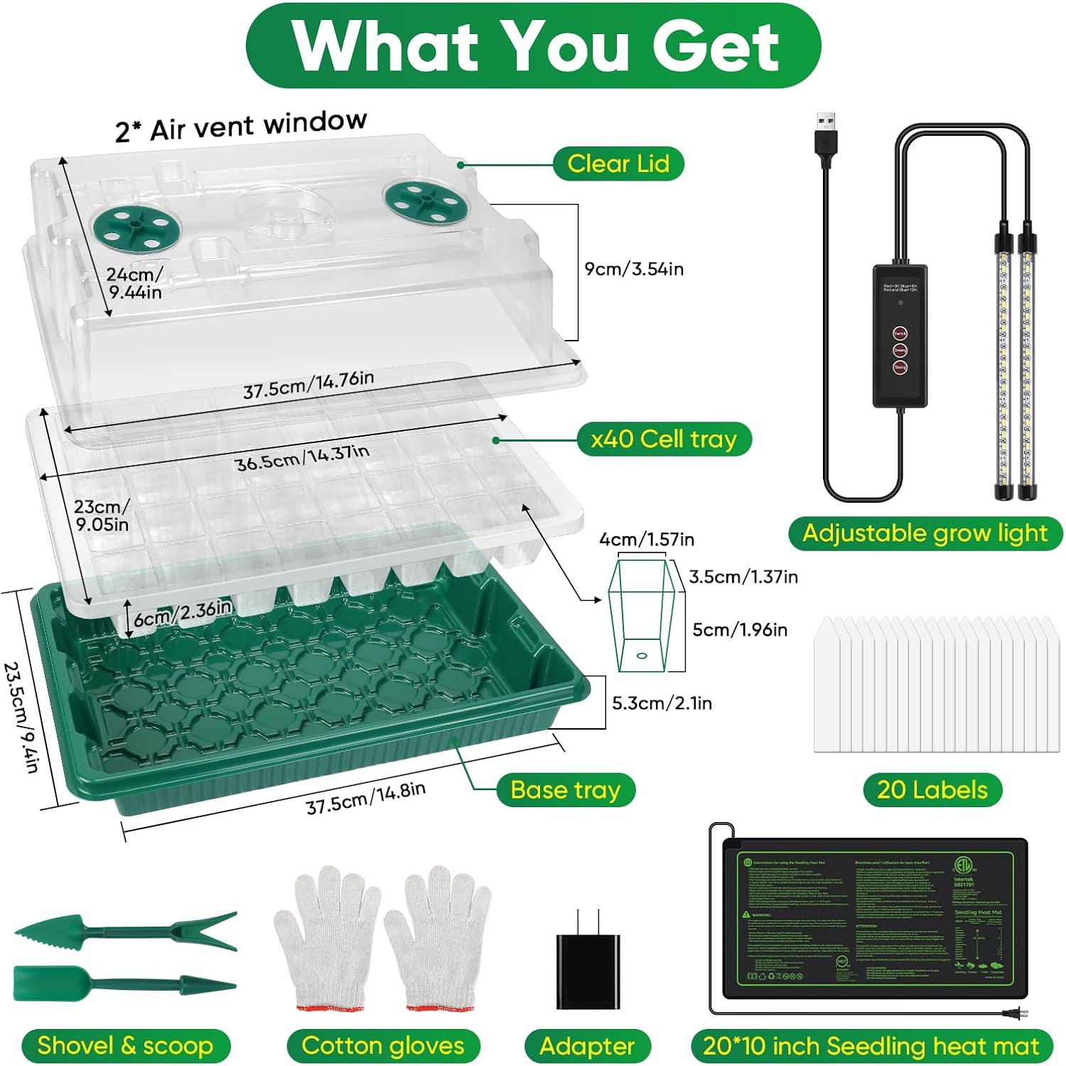 40-Cell Seed Starter Tray with Grow Light, Heat Mat, Humidity Dome | Waterproof Seedling Heat Mat, Heated Seed