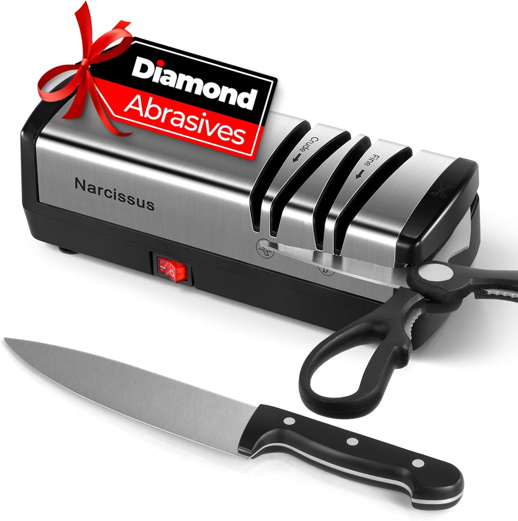 Knife Sharpener, Diamond Abrasives Electric Knife Sharpener for Stainless Steel and Ceramic Knives, with Scissors