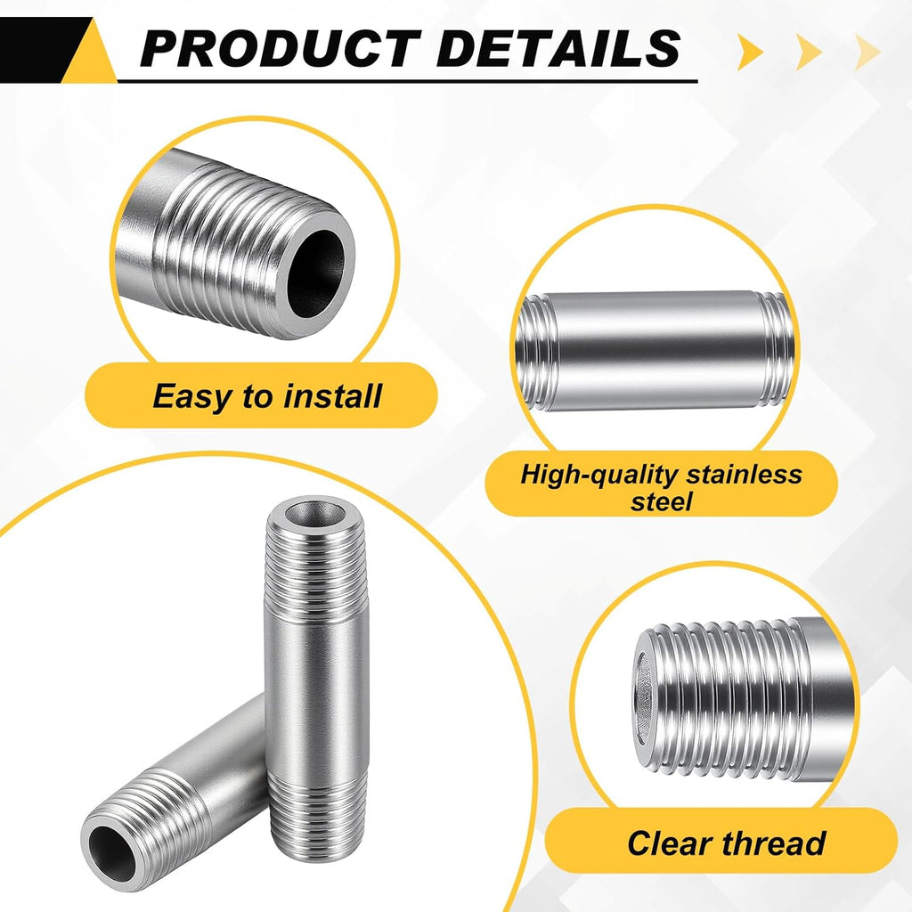 4 Pcs 304 Stainless Steel 1/4 NPT Pipe Nipple 2" Length