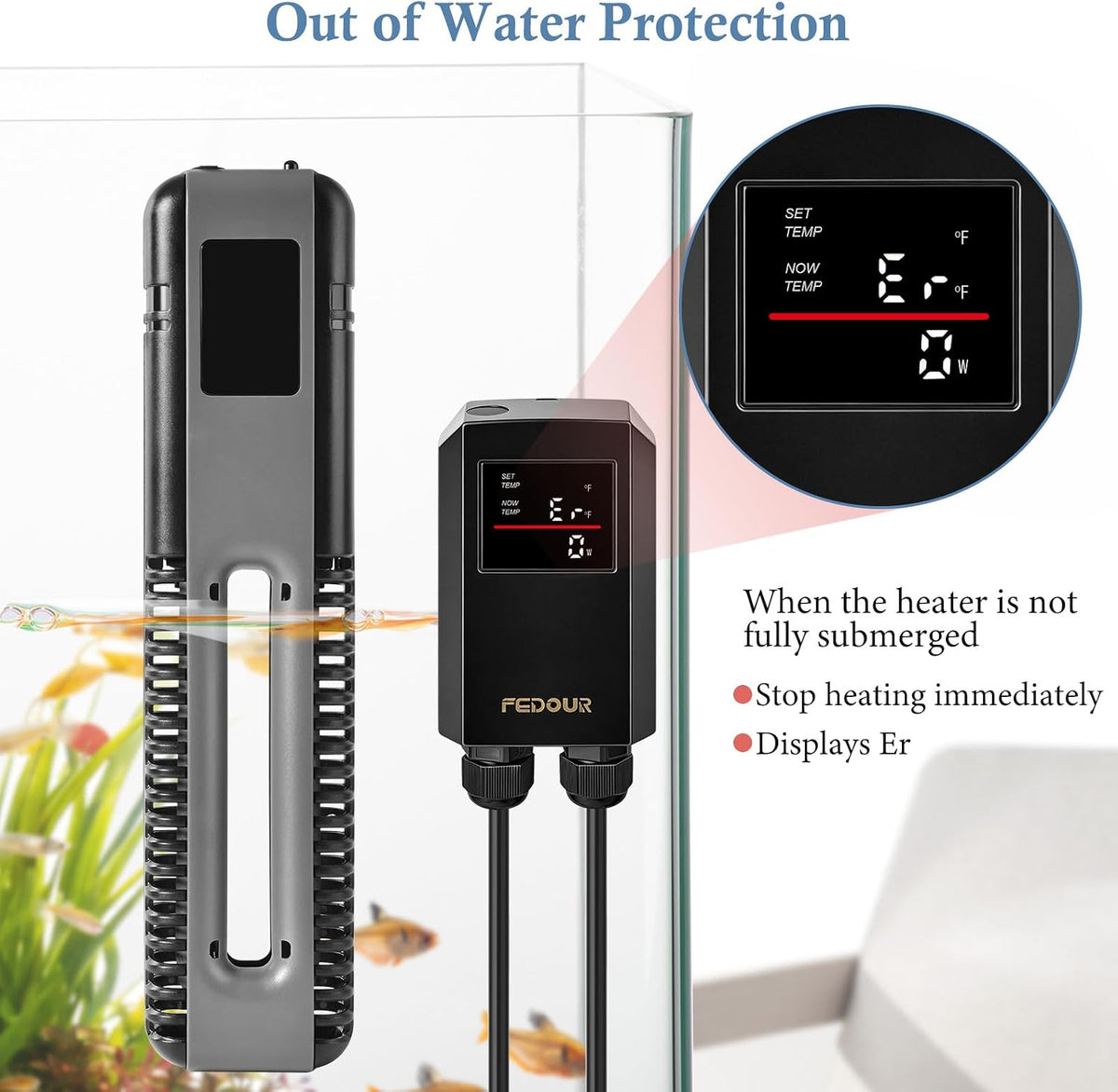 600W 800W Titanium Aquarium Heater with Digital Controller, Submersible Aquarium Heater with Overheating Protection