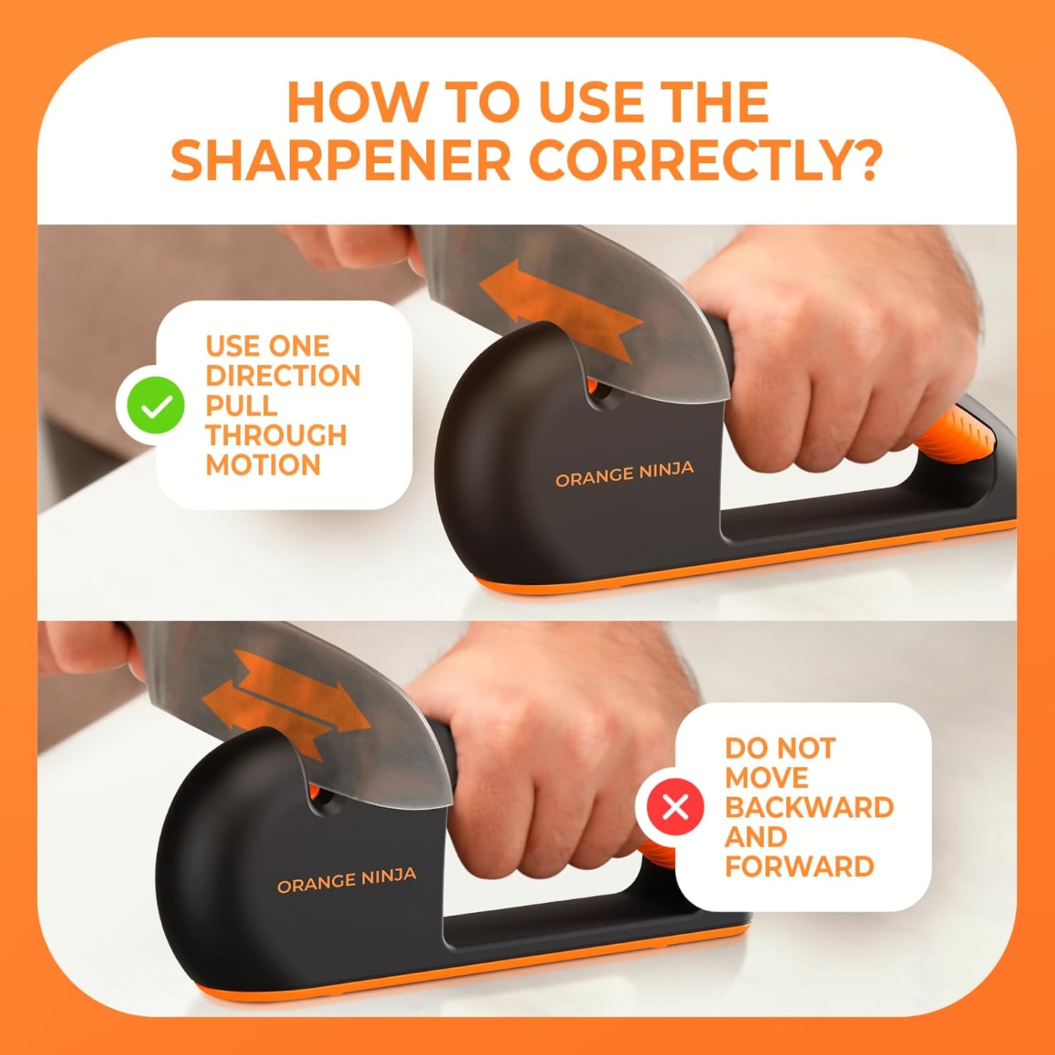 Orange Ninja 4-Stage Knife Sharpener & Serrated Knife Sharpener– Repairs, Sharpens & Polishes Blades with Ergonomic