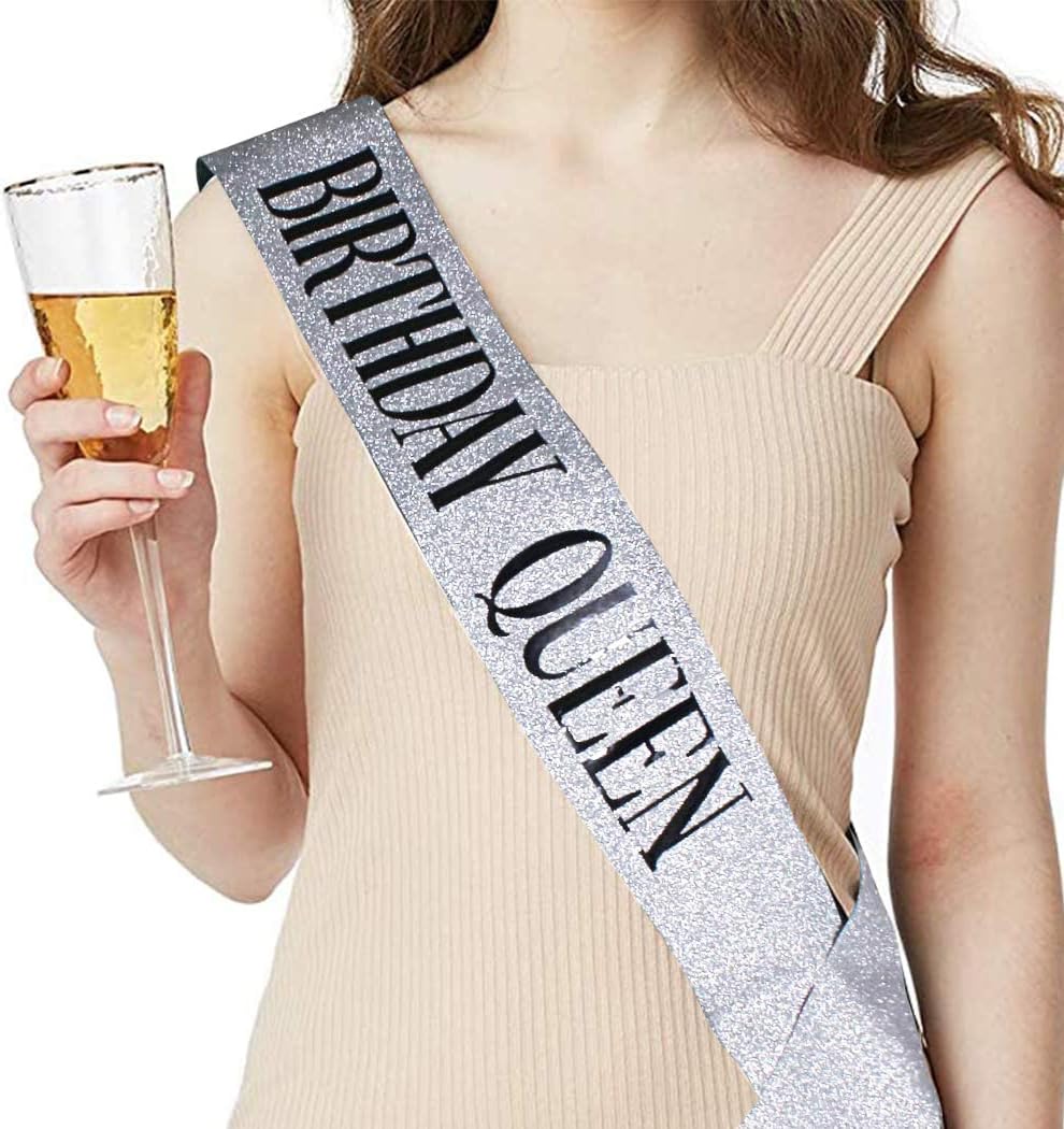 Silver Birthday Queen Sash for Women Tiara Crown Party Decorations | Happy Birthday Crowns for Adult Women, Party
