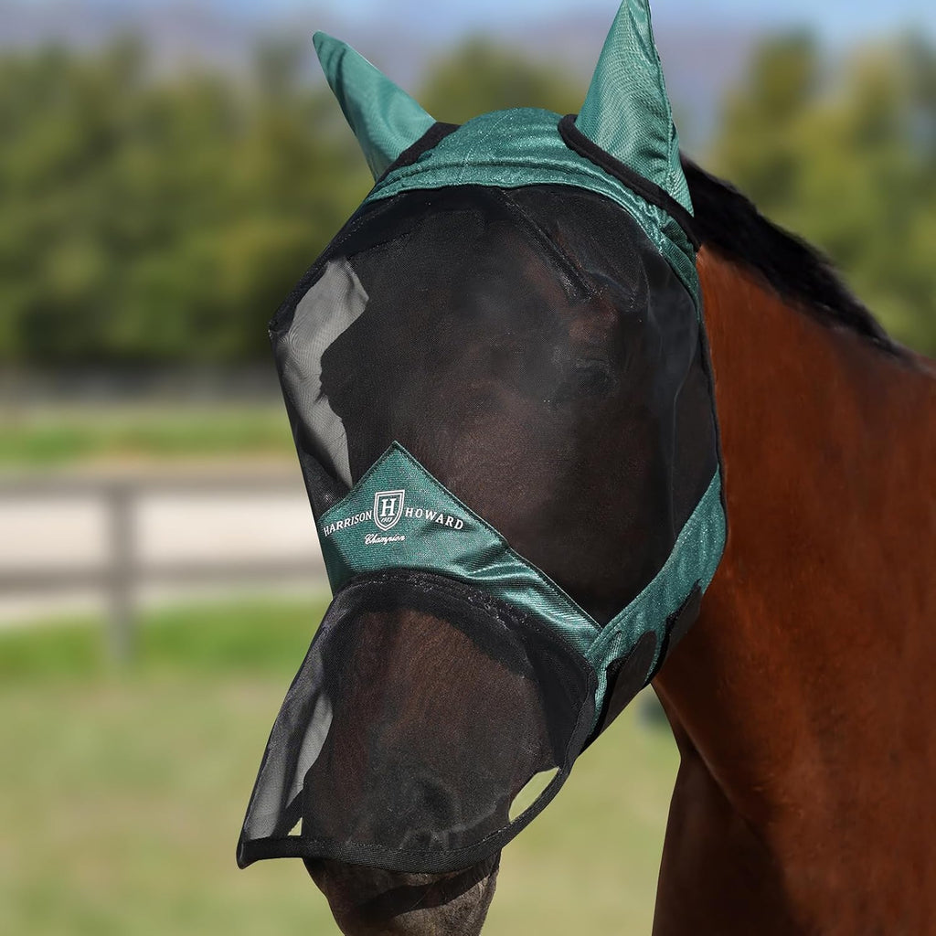 Pro Luminous Horse Full Face Fly Mask Large Eye Space Long Nose with Ears UV Protection for Horse Hunter Green L