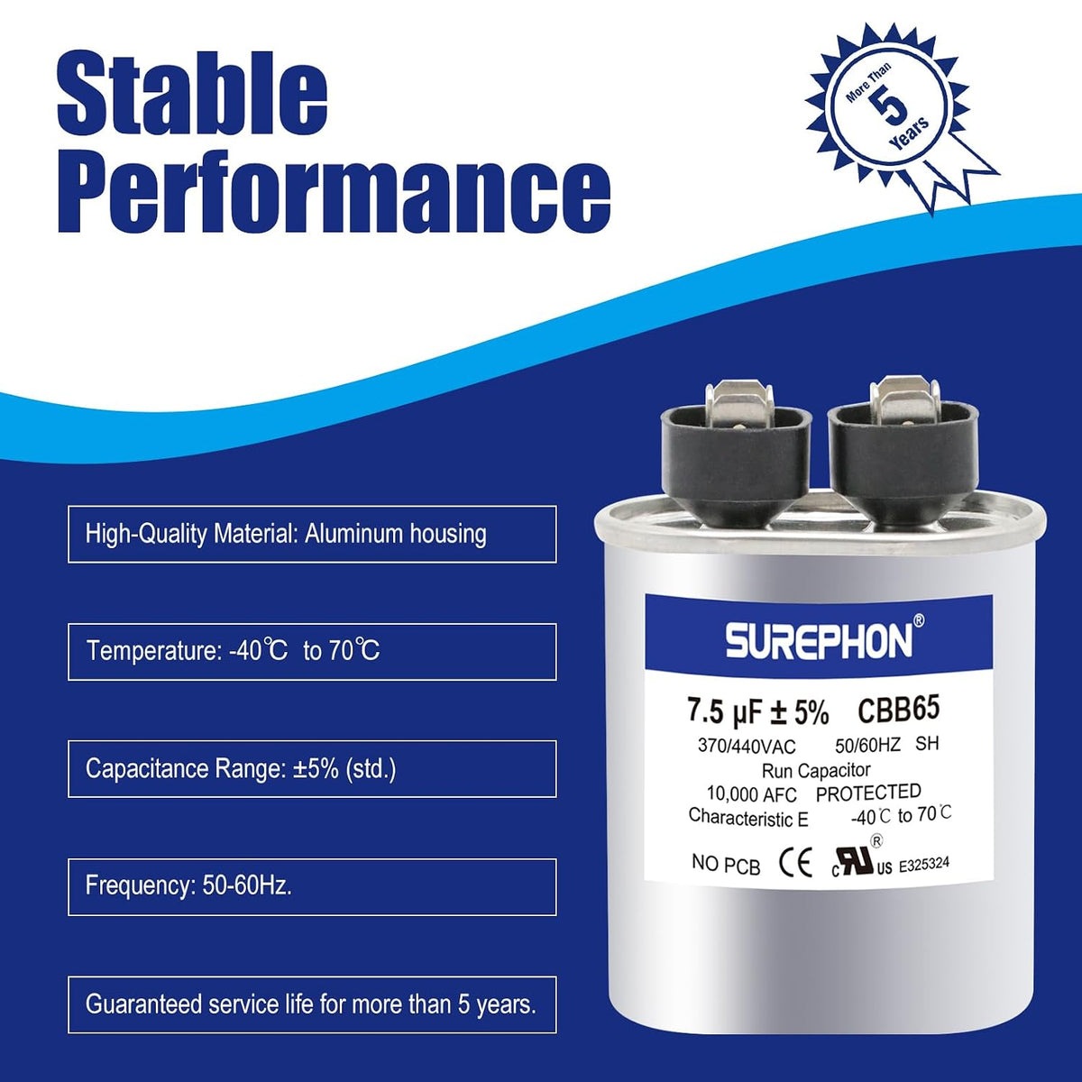 7.5 Mfd Capacitor 370V/440V Oval Run Start Capacitor for AC Motor Run or Fan Start and Cool or Heat Pump Air Conditioner