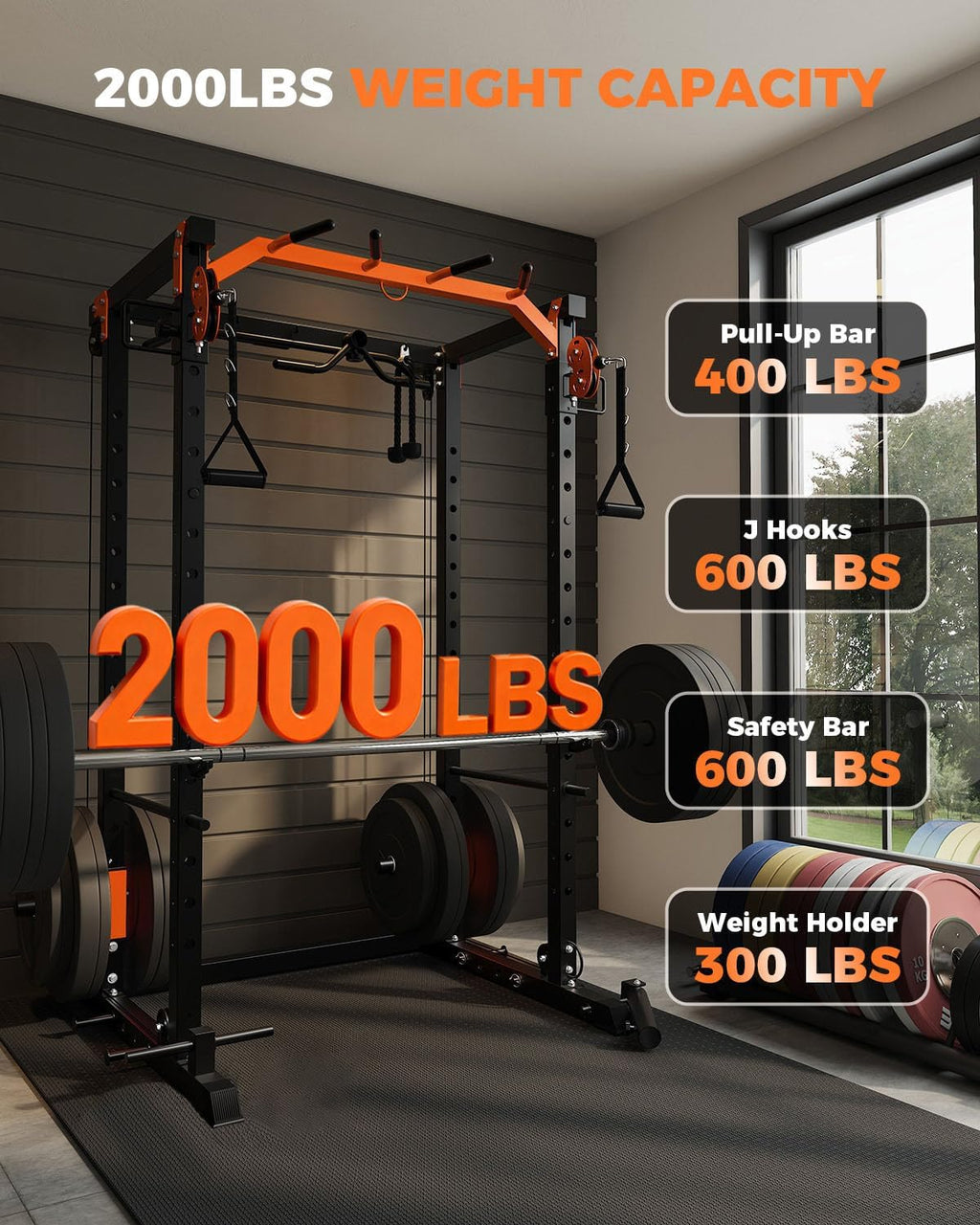 Power Cage, Power Rack with Cable Crossover System, 2000LBS Squat Rack with LAT Pull Down System, Workout Cage with