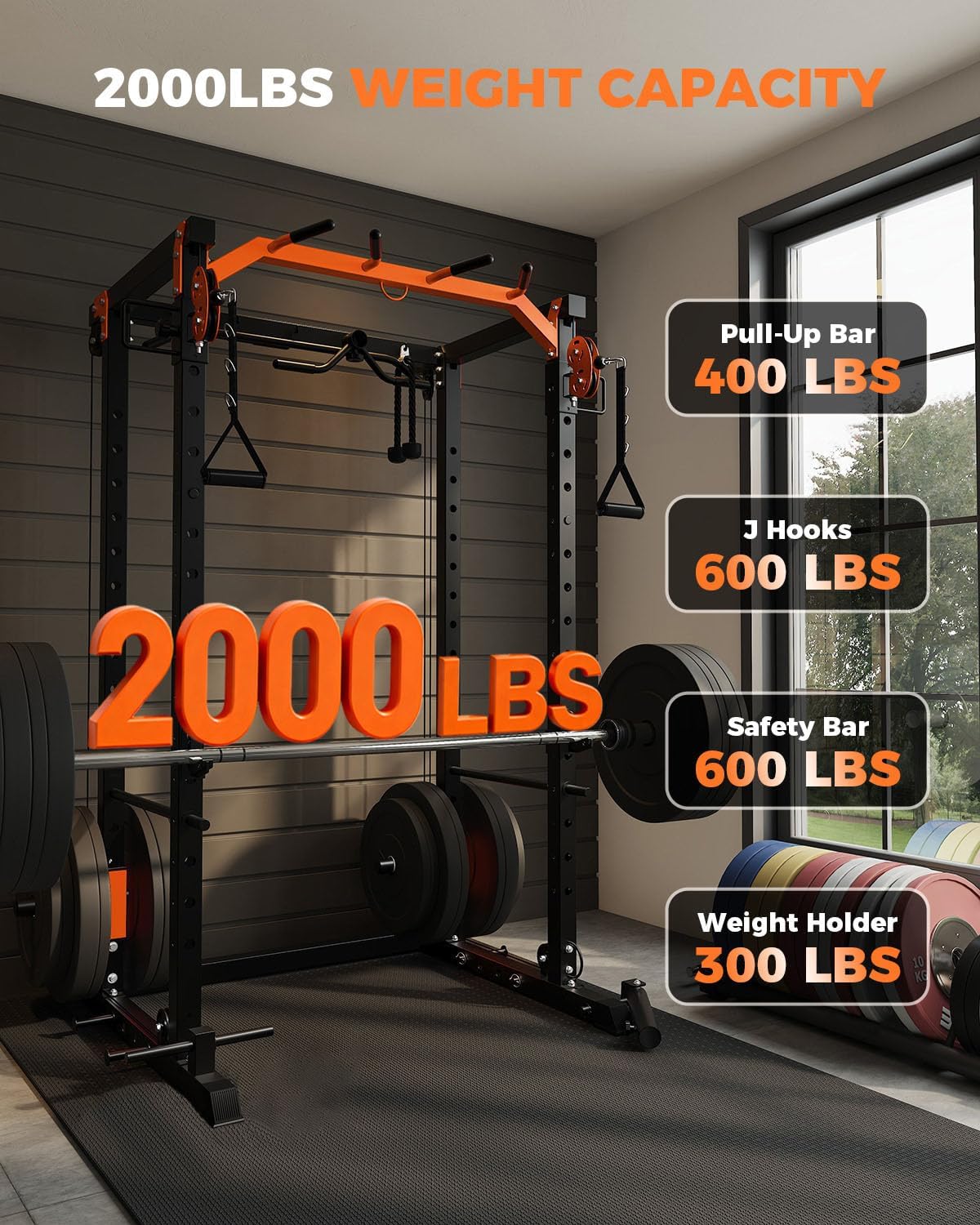 Power Cage, Power Rack with Cable Crossover System, 2000LBS Squat Rack with LAT Pull Down System, Workout Cage with