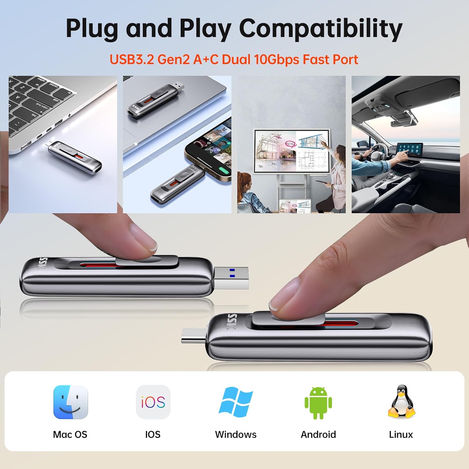 256GB Flash Drive SSD External, Push-Pull USB Drive up to 1000MB/s Dual Head, Thumb Drive-USB SSD Memory Stick for