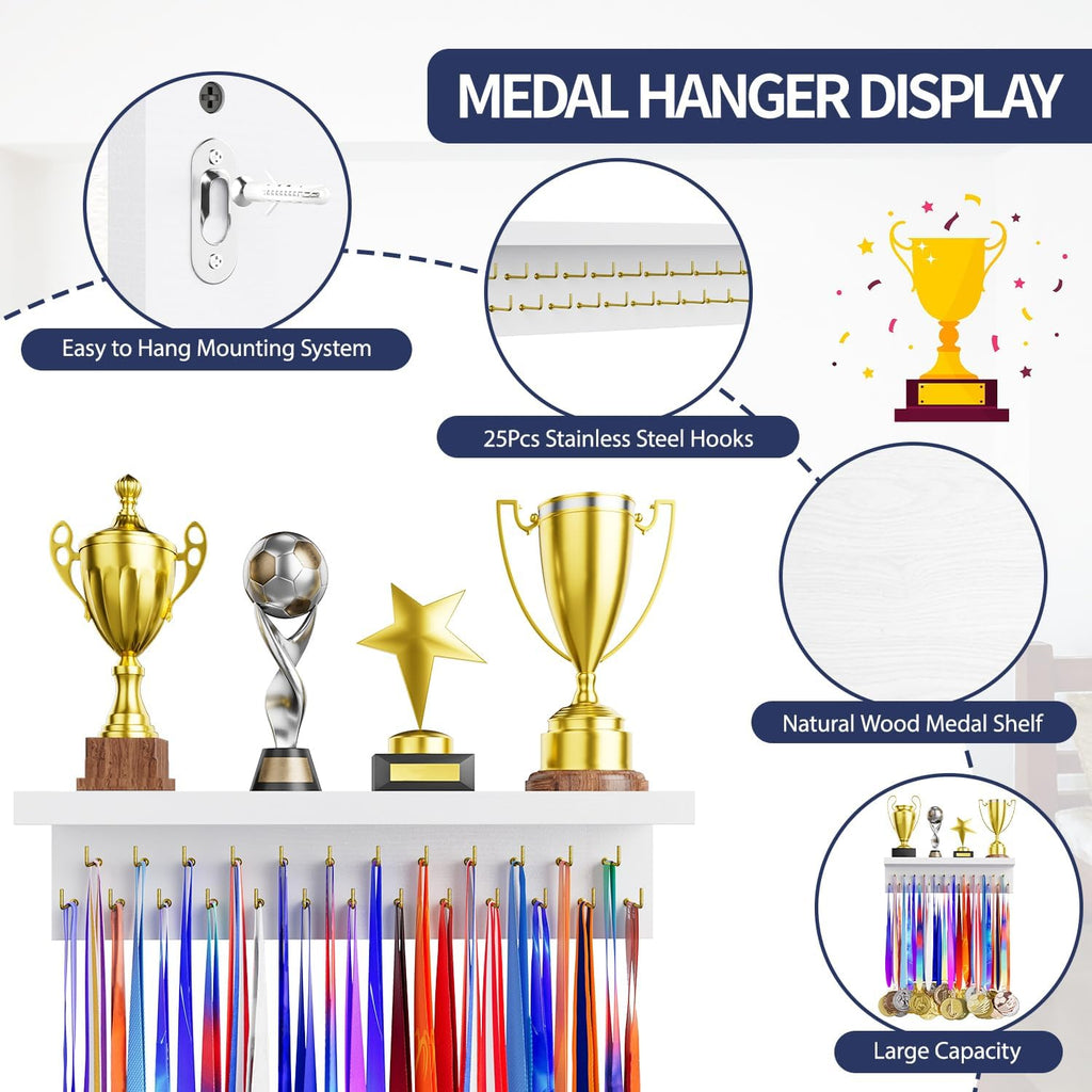 Medal Holder Display Trophy Shelf Organizer, Sturdy Wooden Race Award Hanger Rack with 25 Steel Hooks, Wall Mount