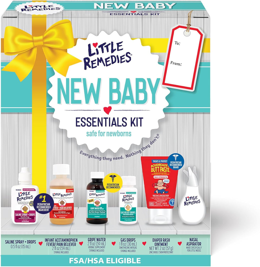 New Baby Essentials Kit with Saline Nasal Spray, Diaper Rash Cream, Gas Relief Drops, Gripe Water & More, Safe for