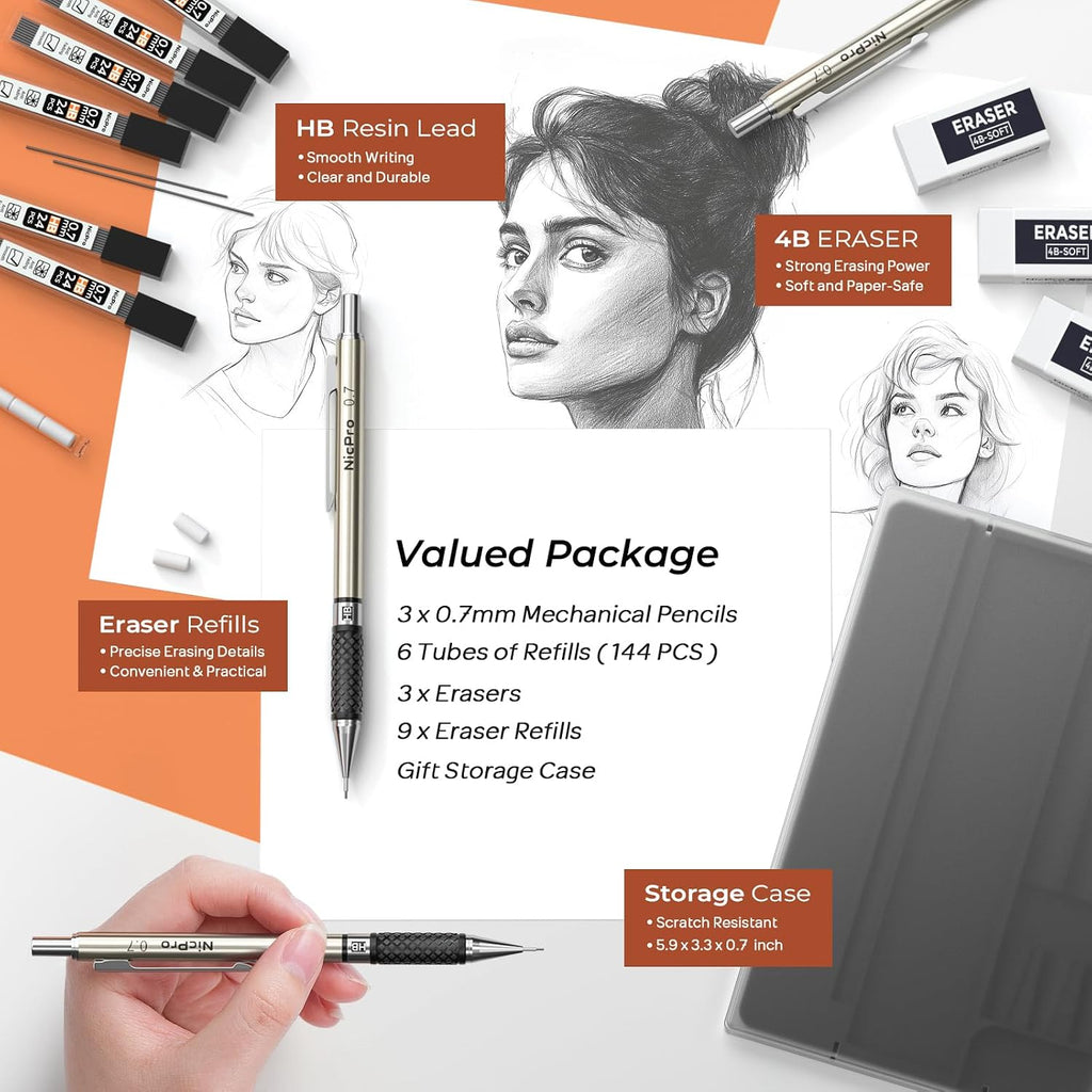 0.7 mm Art Mechanical Pencil Set in Storage Case, 3 PCS | Metal Drafting Pencil Lead Pencil+6 Tube HB Lead Refill, 12
