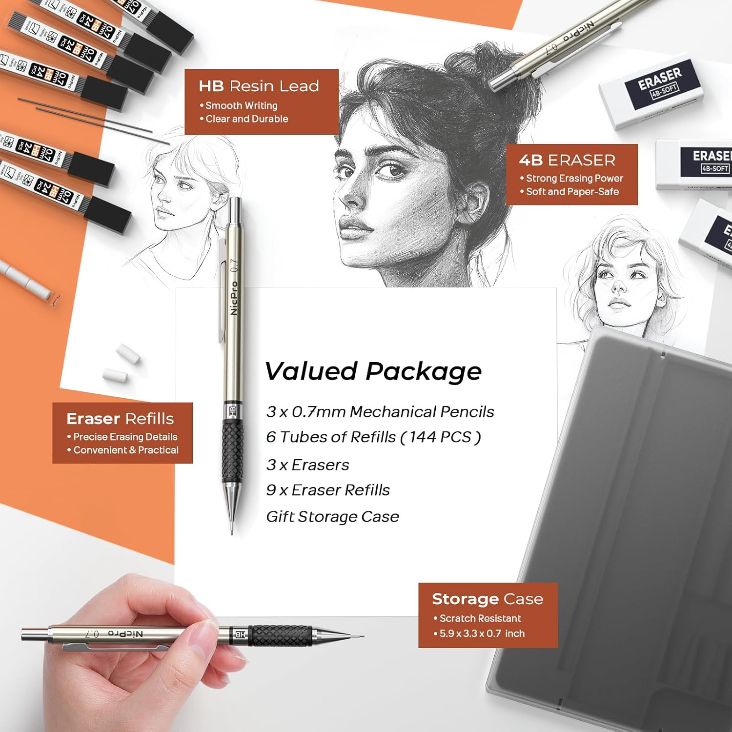 0.7 mm Art Mechanical Pencil Set in Storage Case, 3 PCS | Metal Drafting Pencil Lead Pencil+6 Tube HB Lead Refill, 12