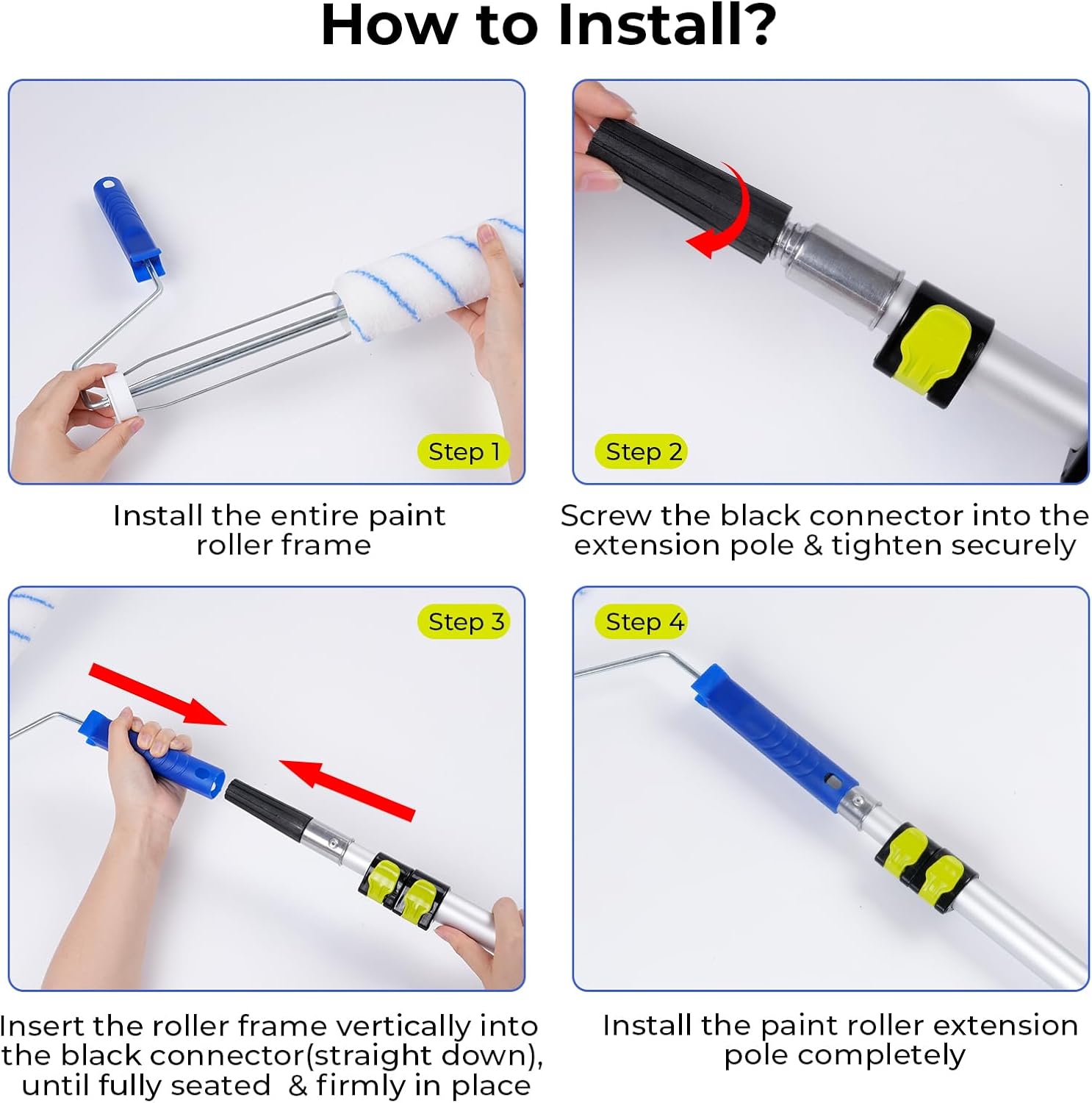 34PCS Paint Roller Kit with 2 to 4 Ft Extension Pole, 4" & 9" Paint Rollers with 11'' Tray, Paint Brushes, Painting