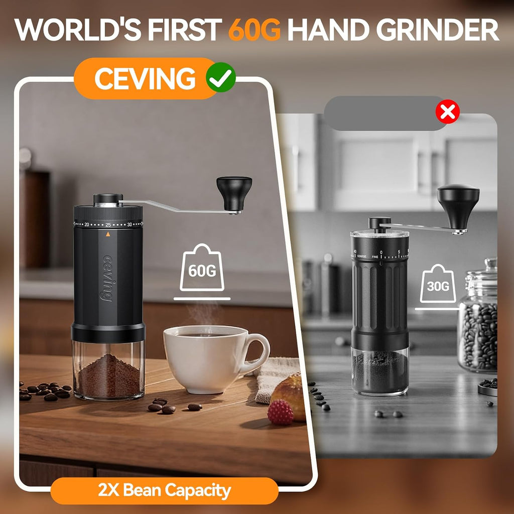 World's First 60g Large Capacity Manual Coffee Grinder, Black | 40 External Settings, Portable Hand Coffee Bean Mill